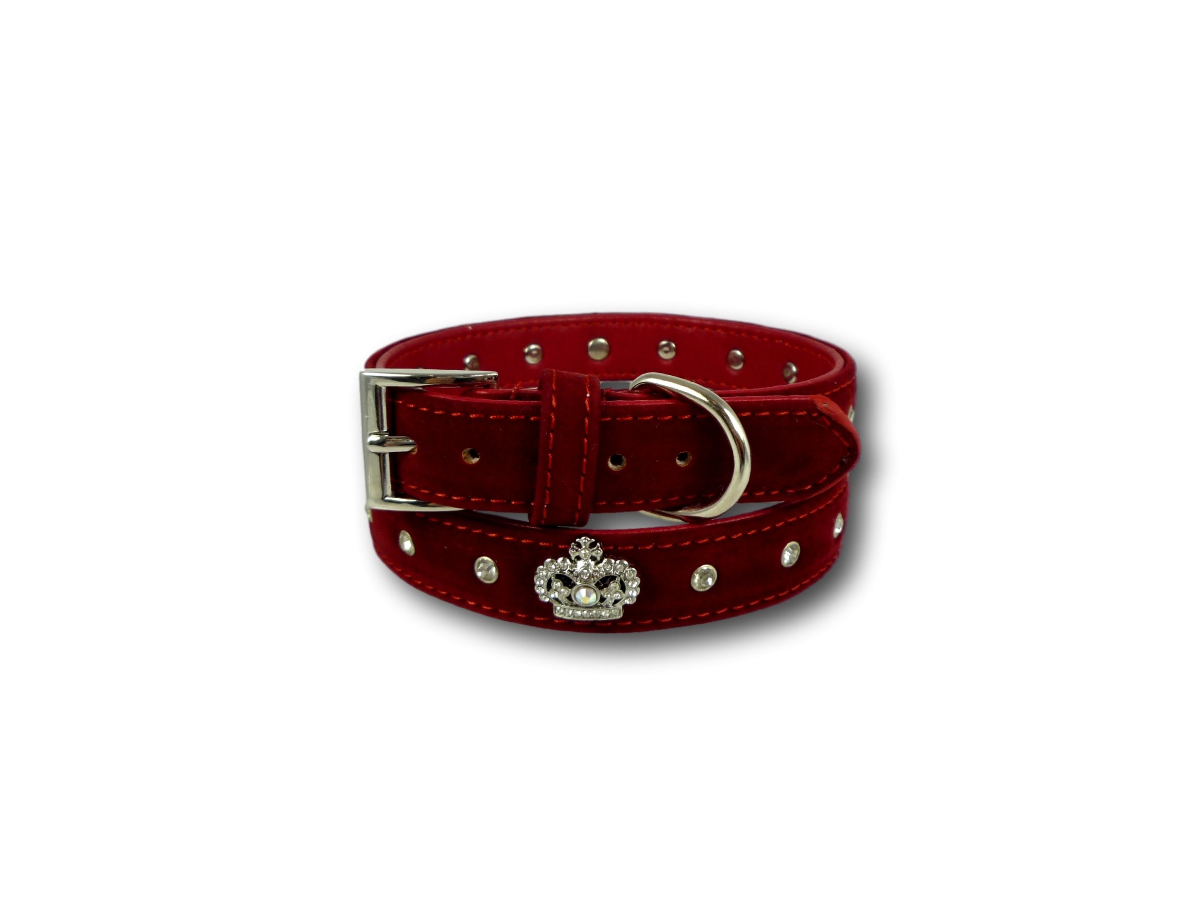 Cara Mia Dogwear Diamante Crown/Bone and Studs Velvet Dog Collar (Small, Red Crown)
