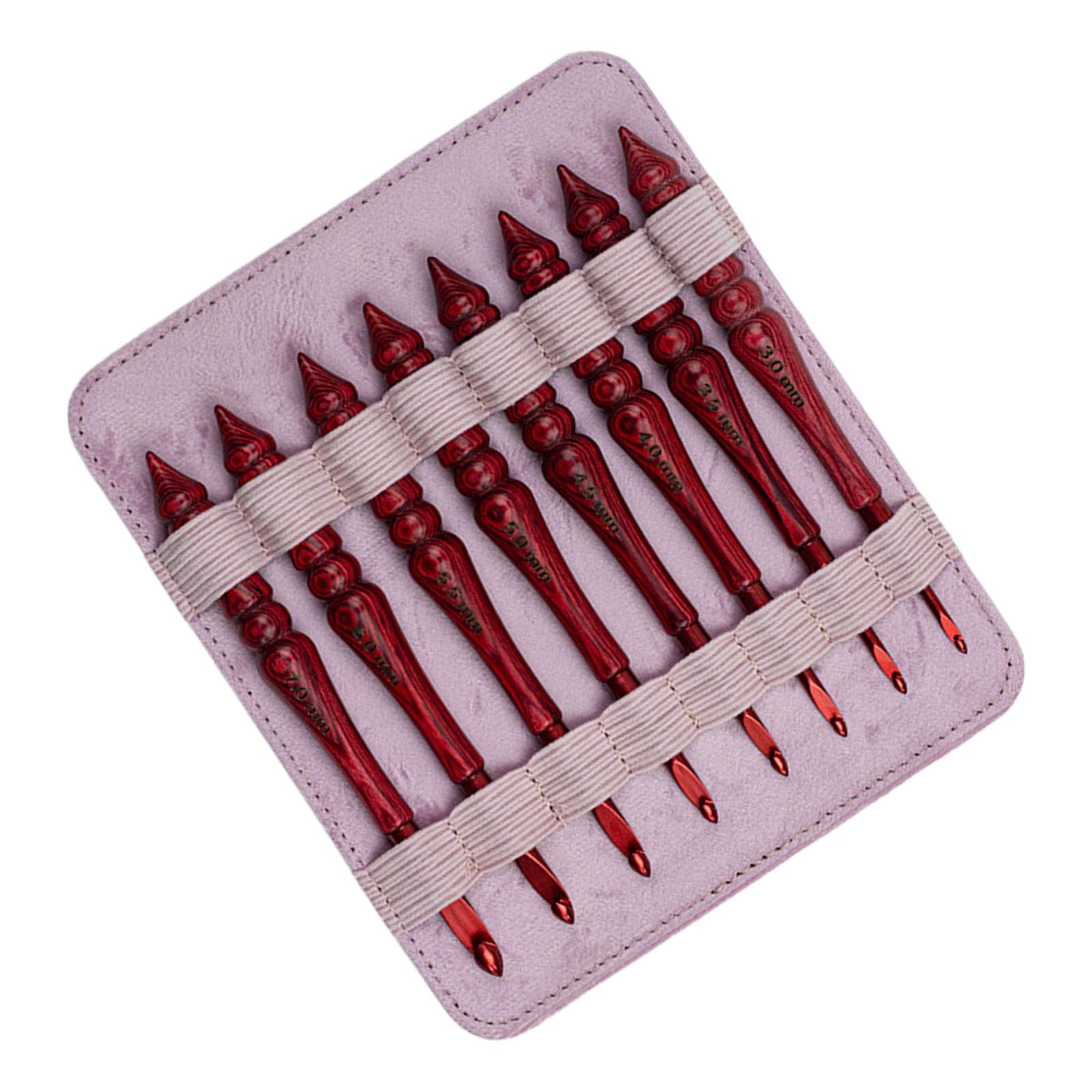 8Pcs Wooden Handle Crochet Hook Set Ergonomic Grip Aluminium Hook Yarn Craft Tool for Weaving Sweater Scarf Bag Red Handle Probes
