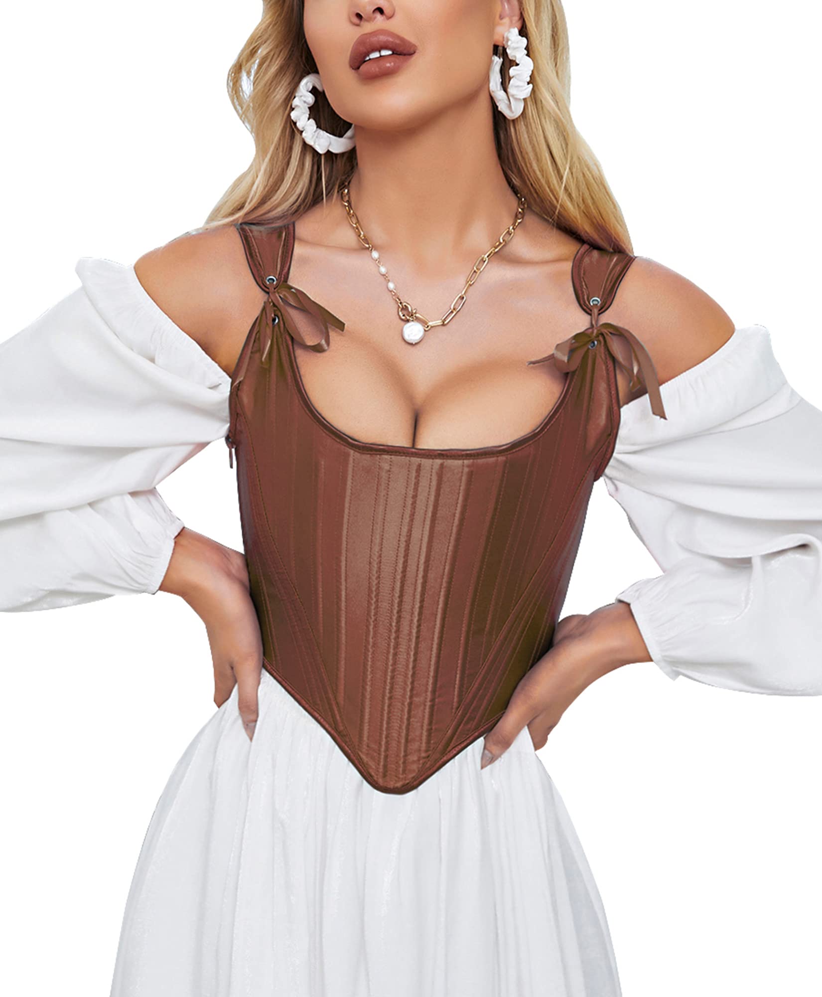Dreay Womens Vintage Asymmetrical Hem Overbust Corset Tie Front Lace-up Back Bustier Shapewear Top