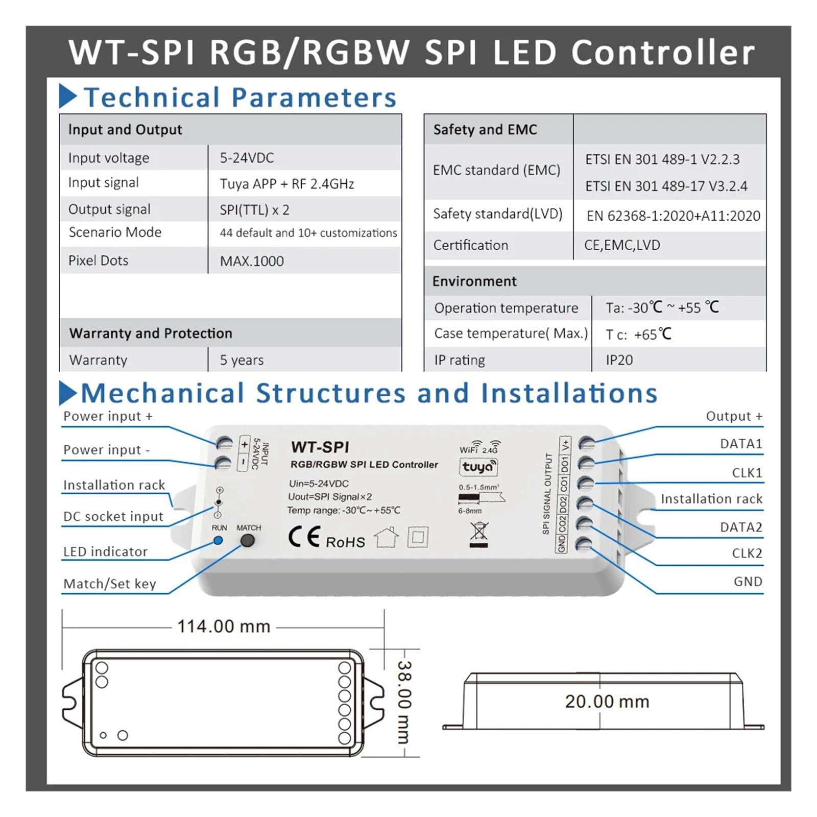 DC5-24V SPI Tuya Controller LED Wifi Smart Life RGB RGBW Pixel Controller for WS2811 WS2812B indirizzabile LED Light Strip