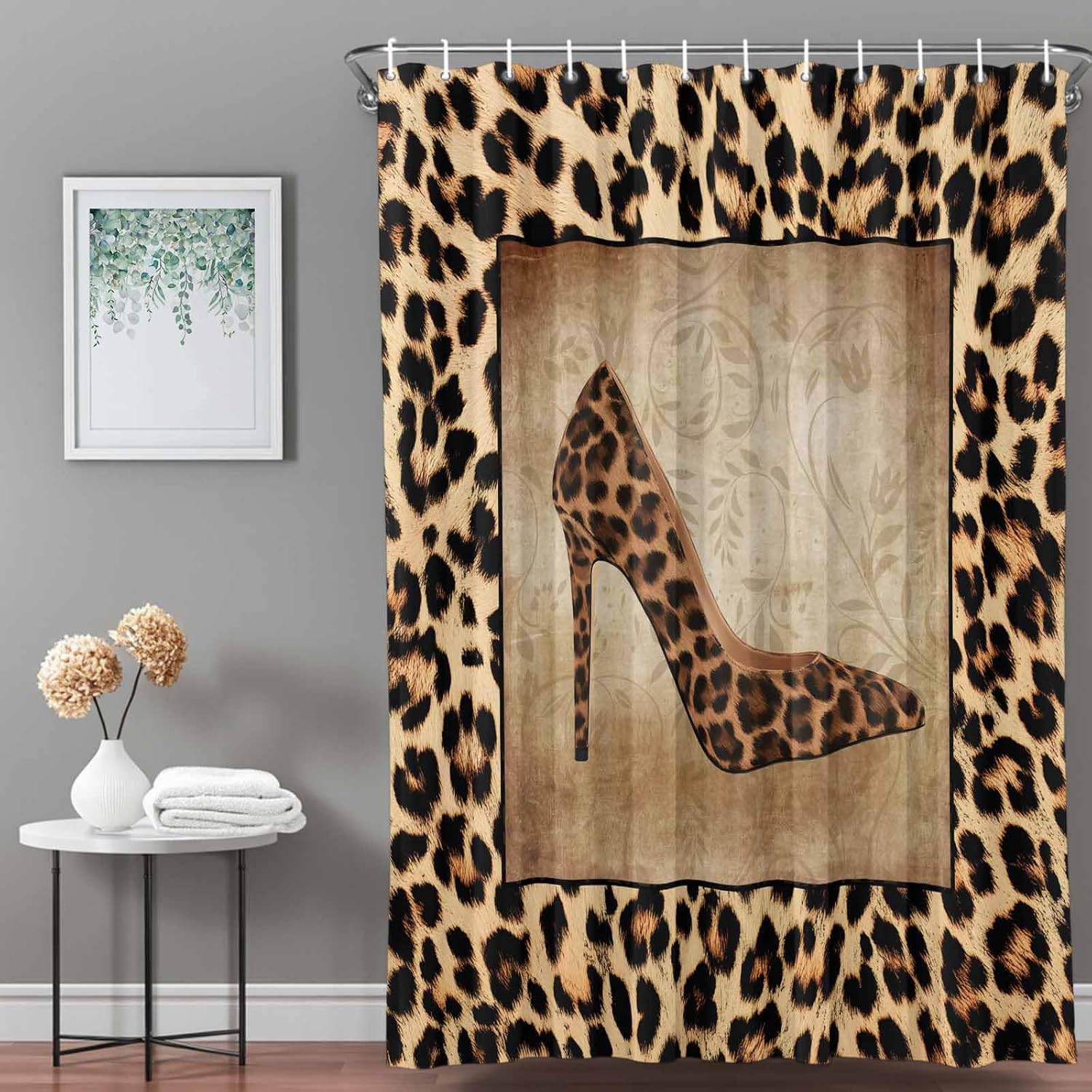 LooPoP Shower Curtain Set,Leopard Print Machine Washable Shower Curtain Set Fabric Shower Curtains for Bathroom Decoration Shoe High Heels 60x72IN