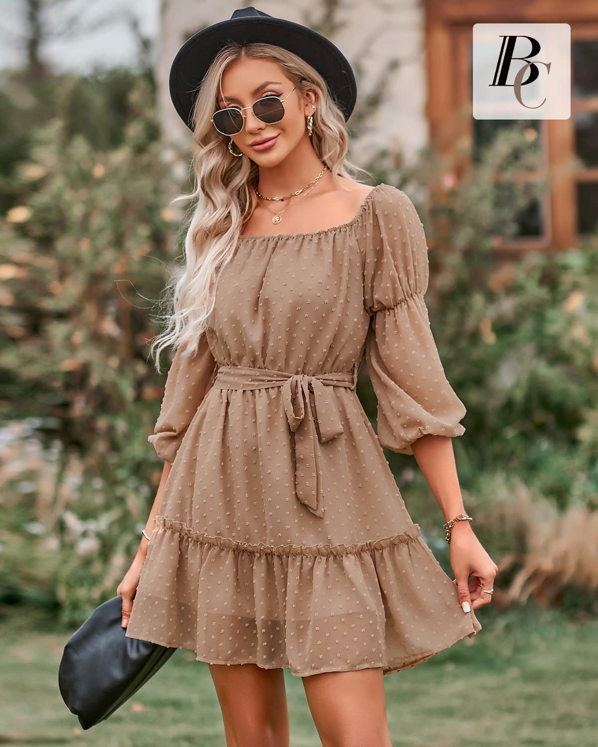 BebreezChic Robe Femme Mini Fluide à Pois Suisses Manches Longues Ceinturé Casual Soirée Cocktail Robe Elégante