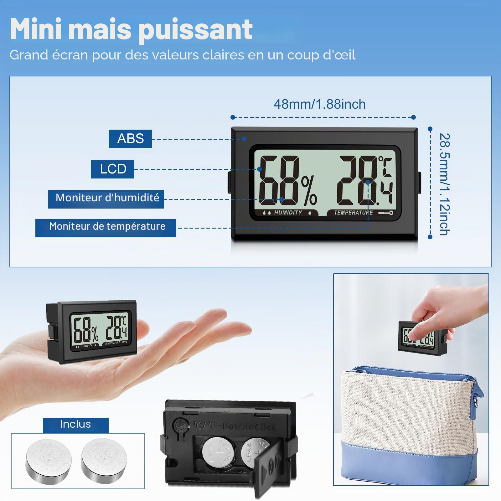 8PCS Pixelure Thermomètre Hygromètre Mini Numérique Thermomètre Intérieur Thermometre Frigo Digital, D'ambiance Moniteur de Température et Humidimètre à Haute Précision Capteur Humidité Température