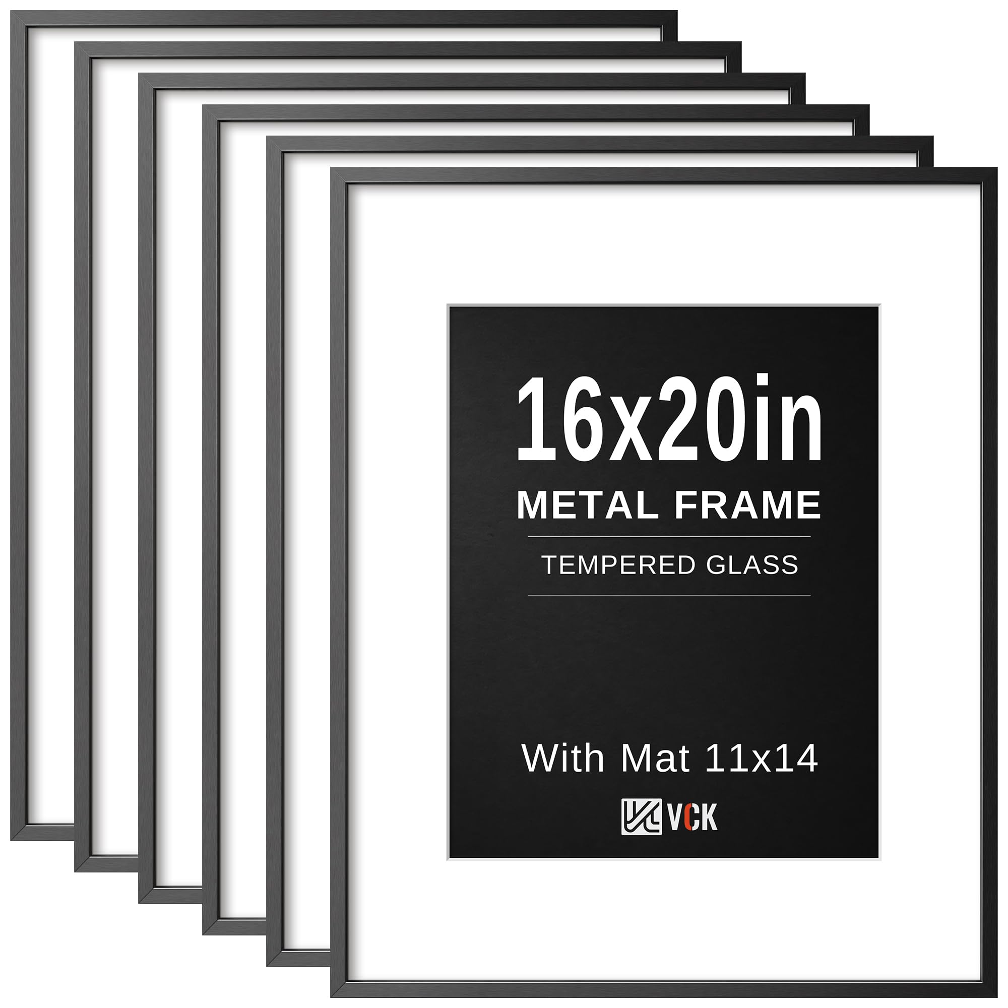 VCK 16x20 Frames Black Metal, Real Glass, 11x14 Mat, Set of 6, for Picture