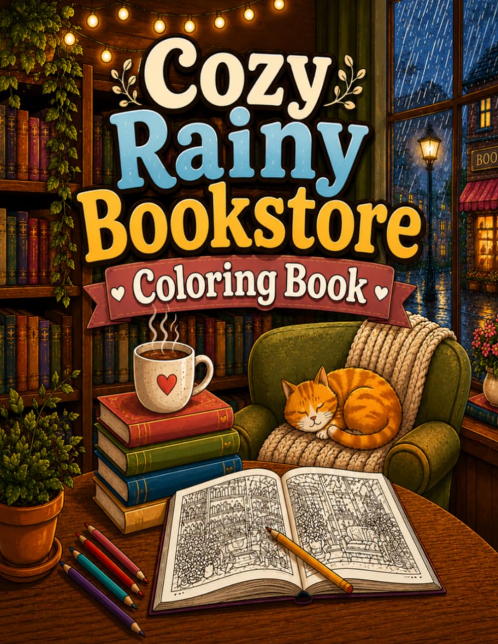 Cozy Rainy Bookstore Coloring Book: 40 Cozy Bookshop Scenes to Color Featuring Rainy Days, Warm Drinks, Cute Animals, Reading Nooks and Relaxing Moments