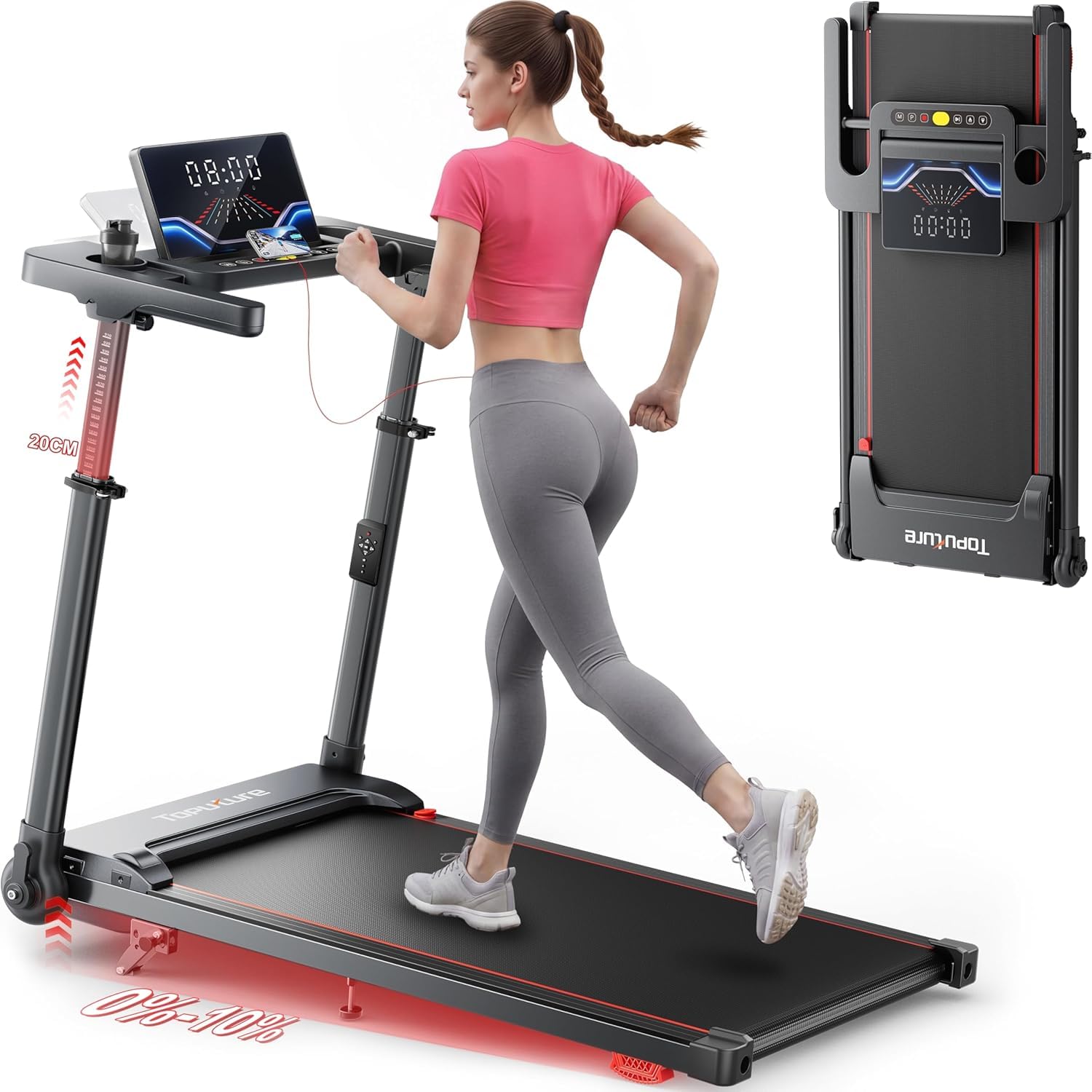 Tapis de Course 6 en 1, Pente 0%-5%-10%, Vitesse 12km/h, Hauteur de la Colonne Montante télescopique 80CM, Walking PadTapis de Marche, Tapis Roulant,2.5 HP, Compact et Portable，Adapté aux familles