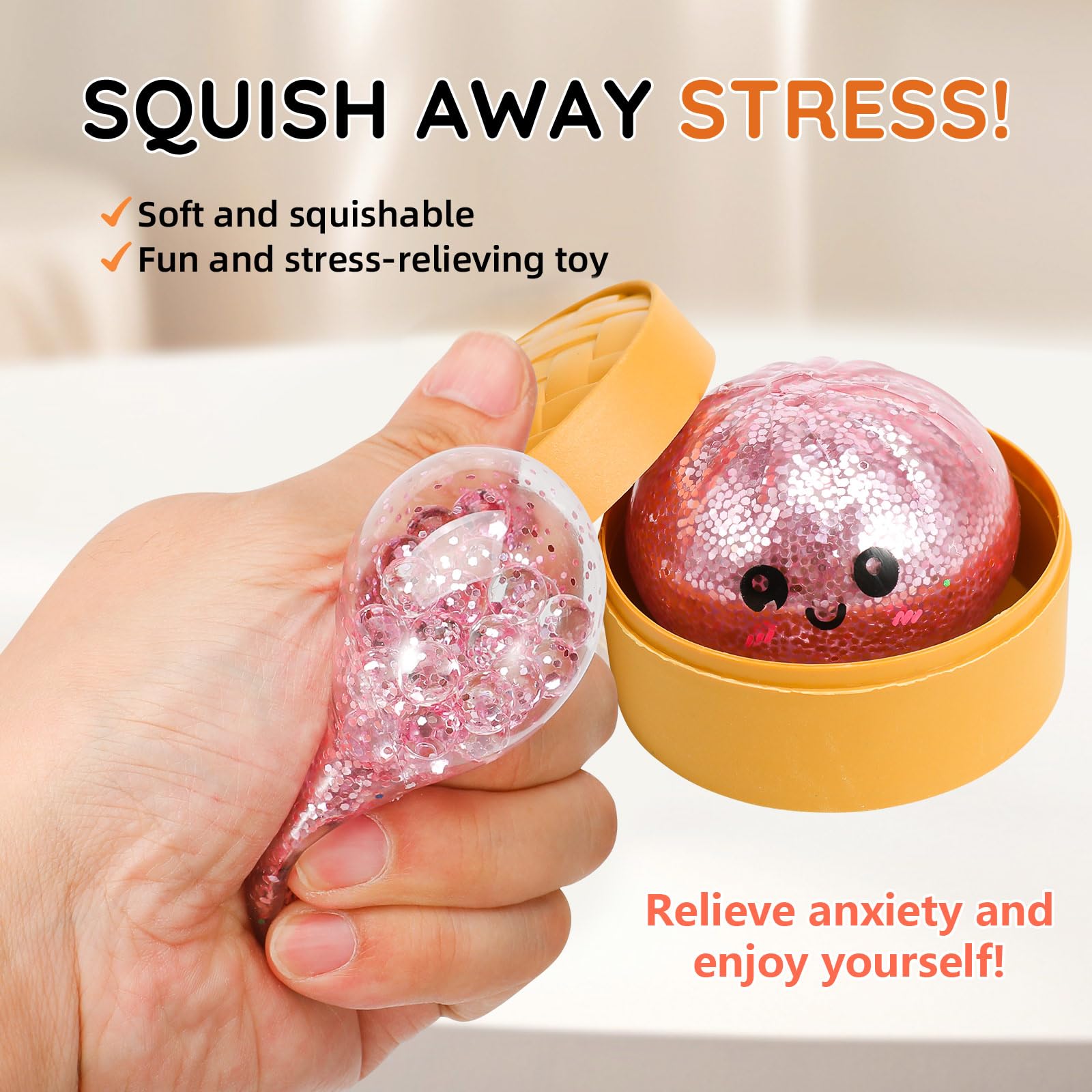 12 pezzi Mystery Dumplings Squishy Buns con scatola per cottura a vapore, giganti gnocchi glitterati, set da gioco sensoriale, per alleviare lo stress e la coordinazione, per bambini e adulti (B)