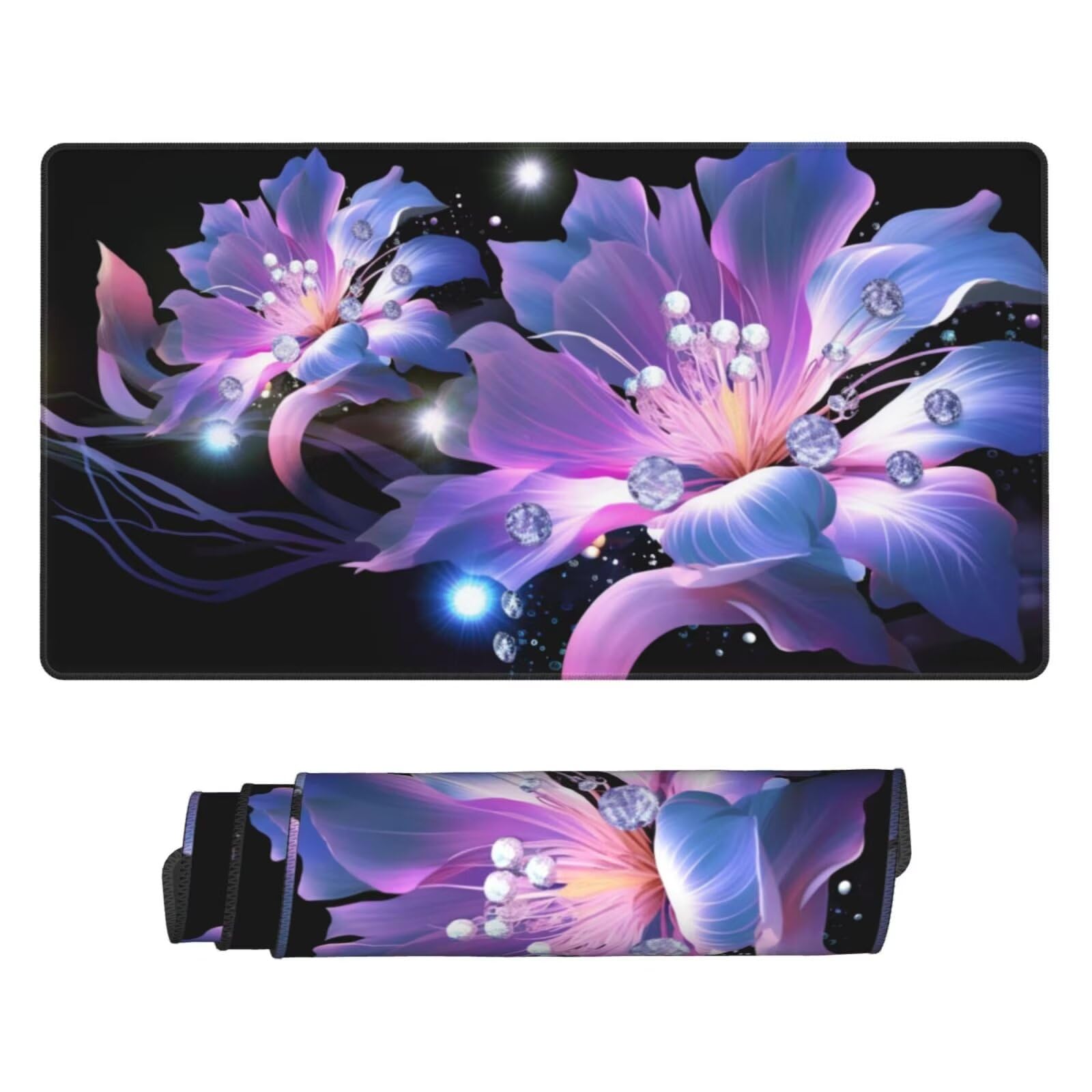 Alfombrilla de Ratón Gaming Grande XXL 1200x500x4mm con Bordes Cosidos, Tela Micro Tejido, Base de Goma Antideslizante y Mouse Pad, para Teclado Escritorio, PC, Oficina Cuentas de Flores Moradas Y6650
