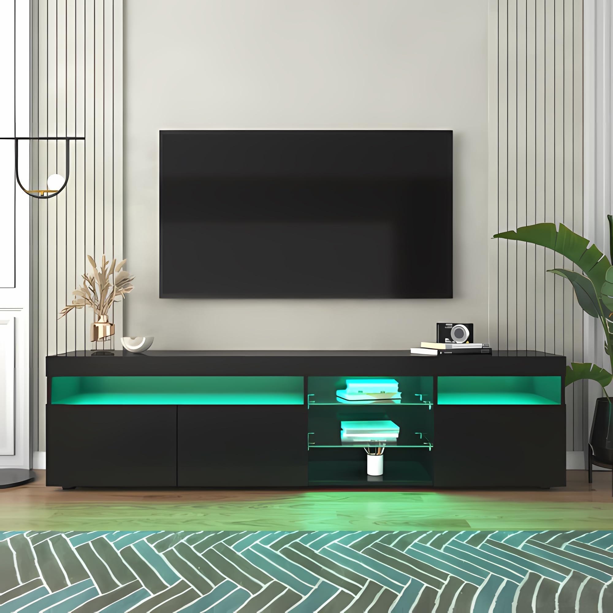 TV Schrank TV Stand Sideboard mit Hochglanzfront und Glasdetails grosser Stauraum mit DREI Tueren geeignet Fuer Wohnzimmer und Essbereich Moderne Aufbewahrung Fuer Verschiedene -180cm,Weiß