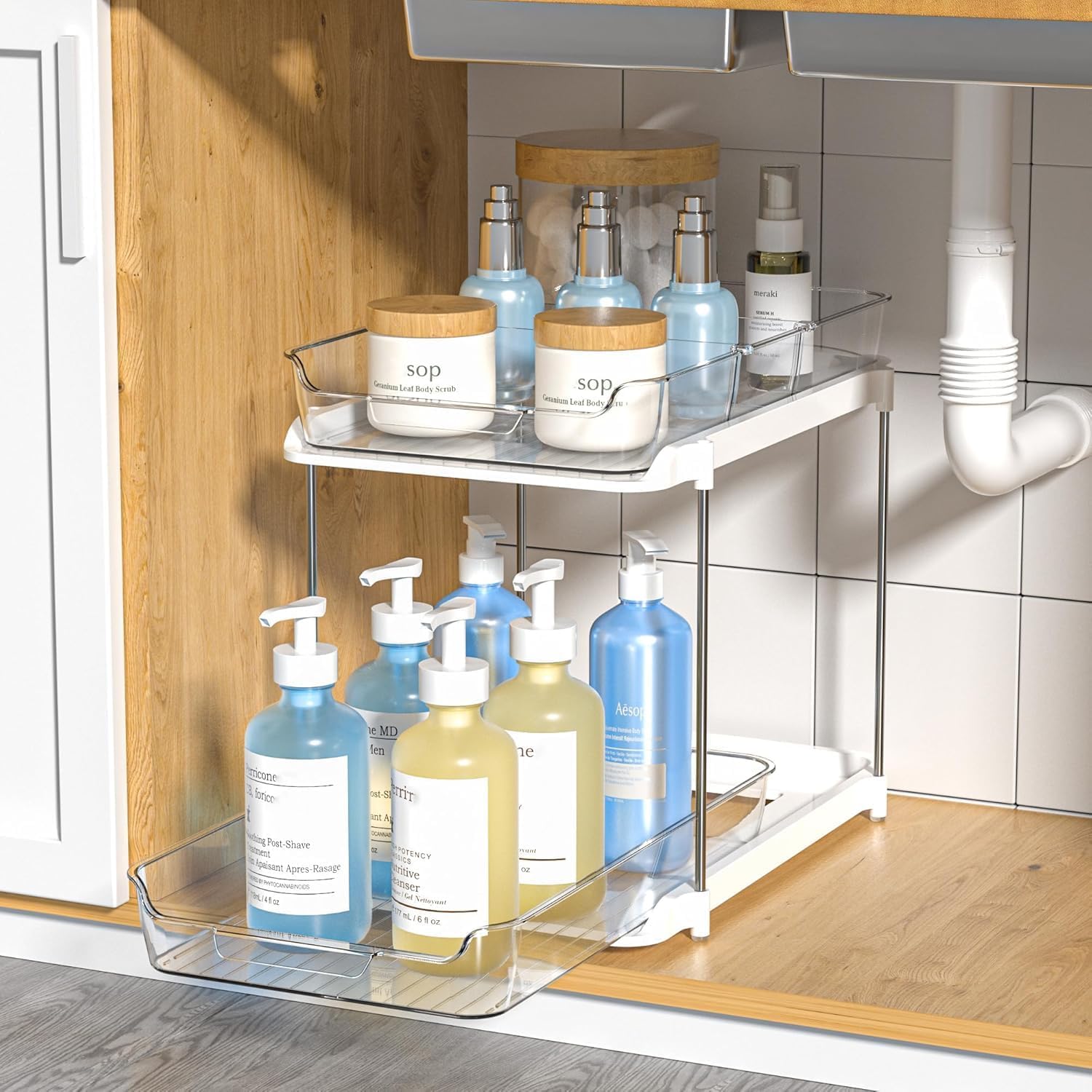 2-Tier Under Sink Organizer, Clear Plastic with White Frame, Pull-Out Sliding Drawer, 32.0 cm x 21.0 cm x 27.0 cm, Bathroom Kitchen Storage-image-35