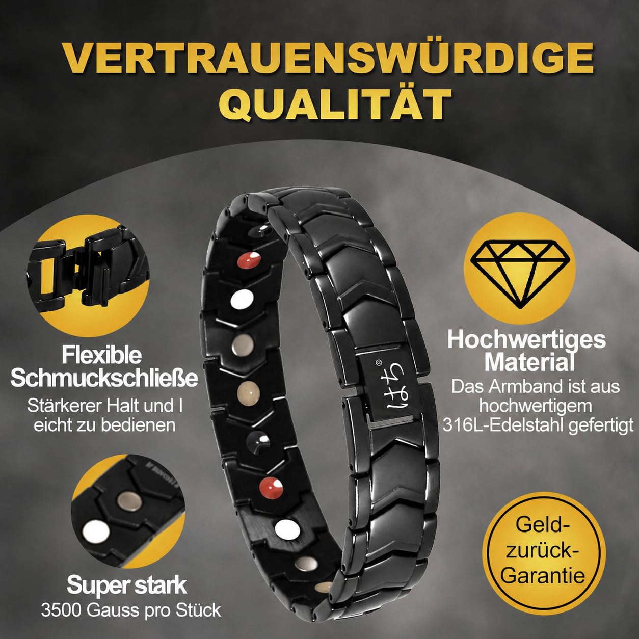 HAQI Bracelet magnétique pour homme - Santé, énergie - Thérapie magnétique - Arthrite - En acier inoxydable
