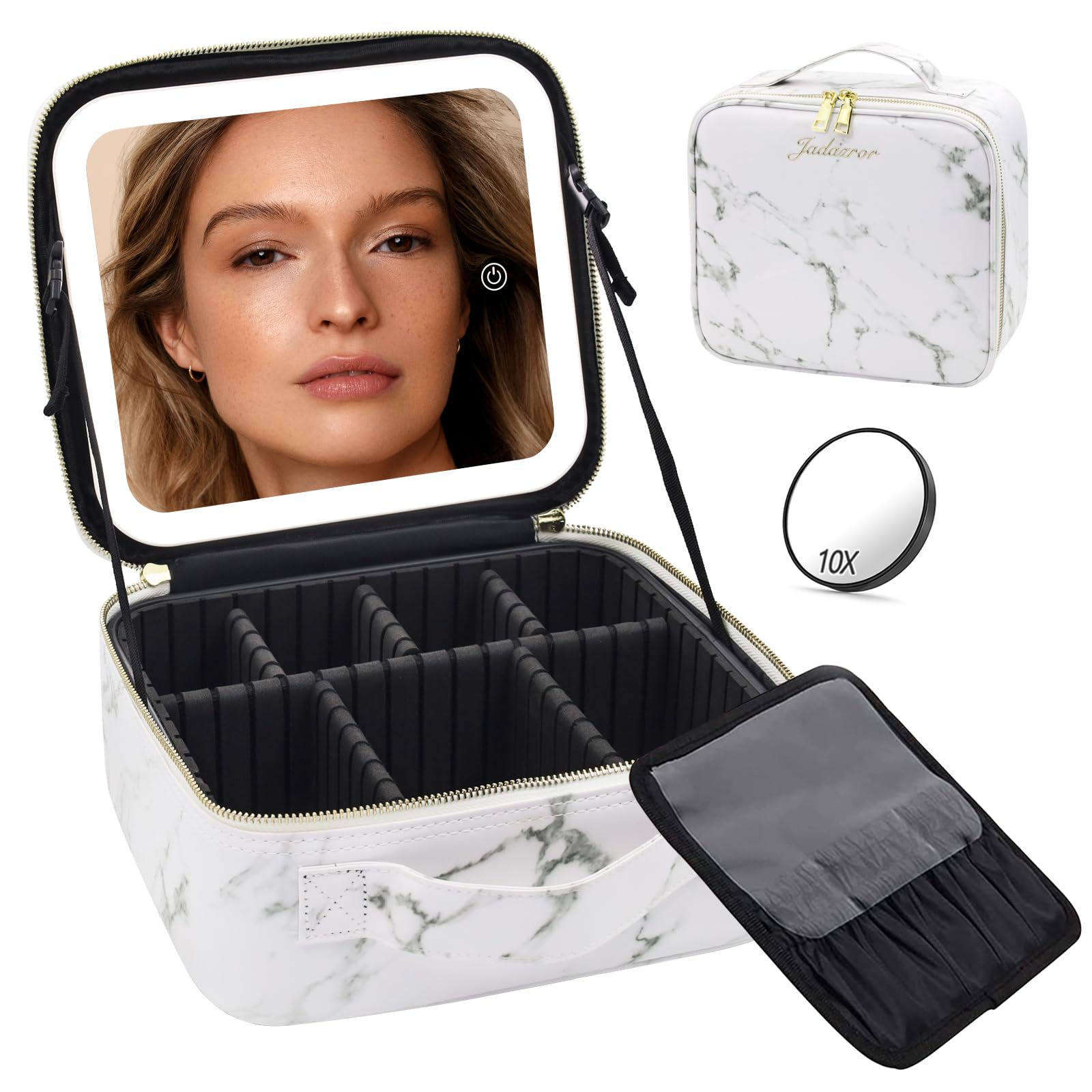 Makeup Bag with Mirror and Light, Makeup Case with Lighted Mirror, Travel Makeup Bag with Light up Mirror 3 Color Lights, Makeup Organizer Bag with Adjustable Dividers & Brush Holder(Marble)