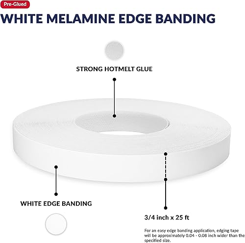 Miniatura 22 de Bandas de borde de melamina blanca de 1/2 pulgada x 25 pies para planchar con ribete adhesivo, reparación de gabinetes, estante laminado, mesa