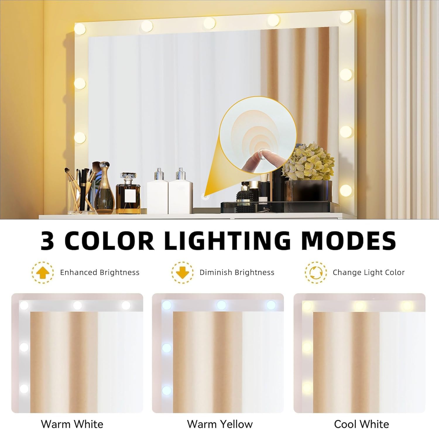 DWVO Lighted Mirror Vanity Table with 4 Drawers & Jewelry Organizer, Makeup Desk with 3-Mode LED Lights and Stool