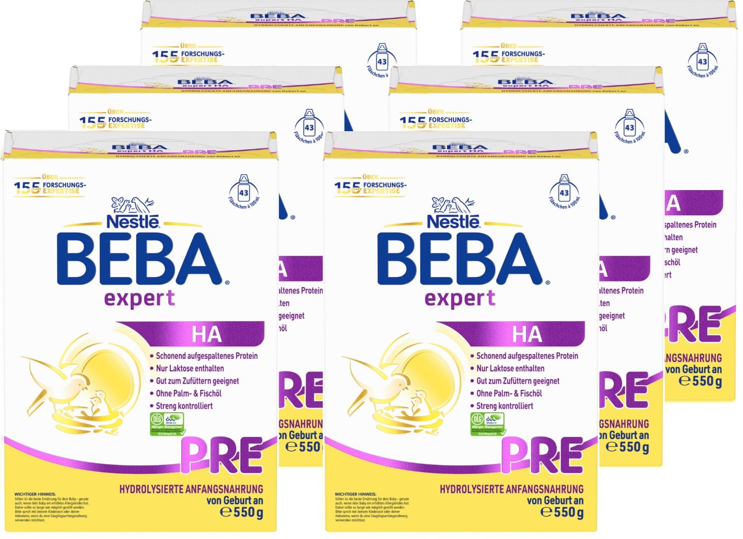 BEBA expert HA PRE - Hydrolysierte Anfangsnahrung, Anfangsmilch von Geburt an, Patentiertes Produkt, Ohne Palmöl, Ohne Fischöl, Babynahrung, Baby-Milchpulver, 6er Pack (6 x 550g)