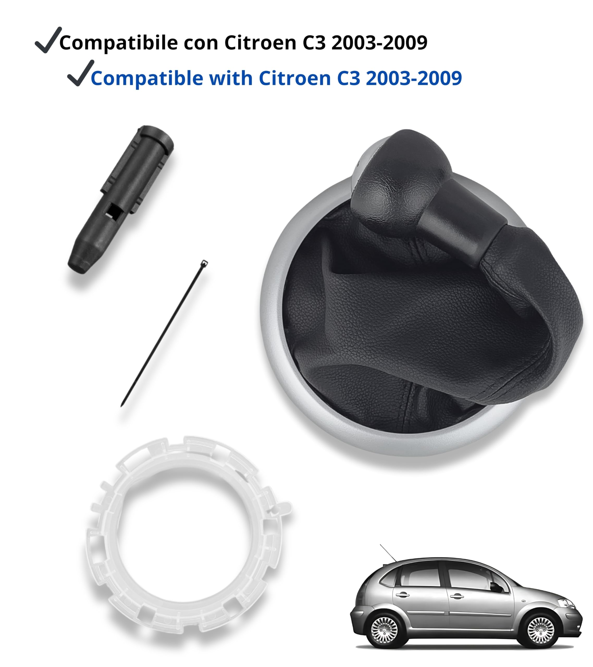 Pomello Cambio Con Cuffia E Ghiera Per Citroen C3 – 5 Marce, Anni 2003-2009, Colore Cromato