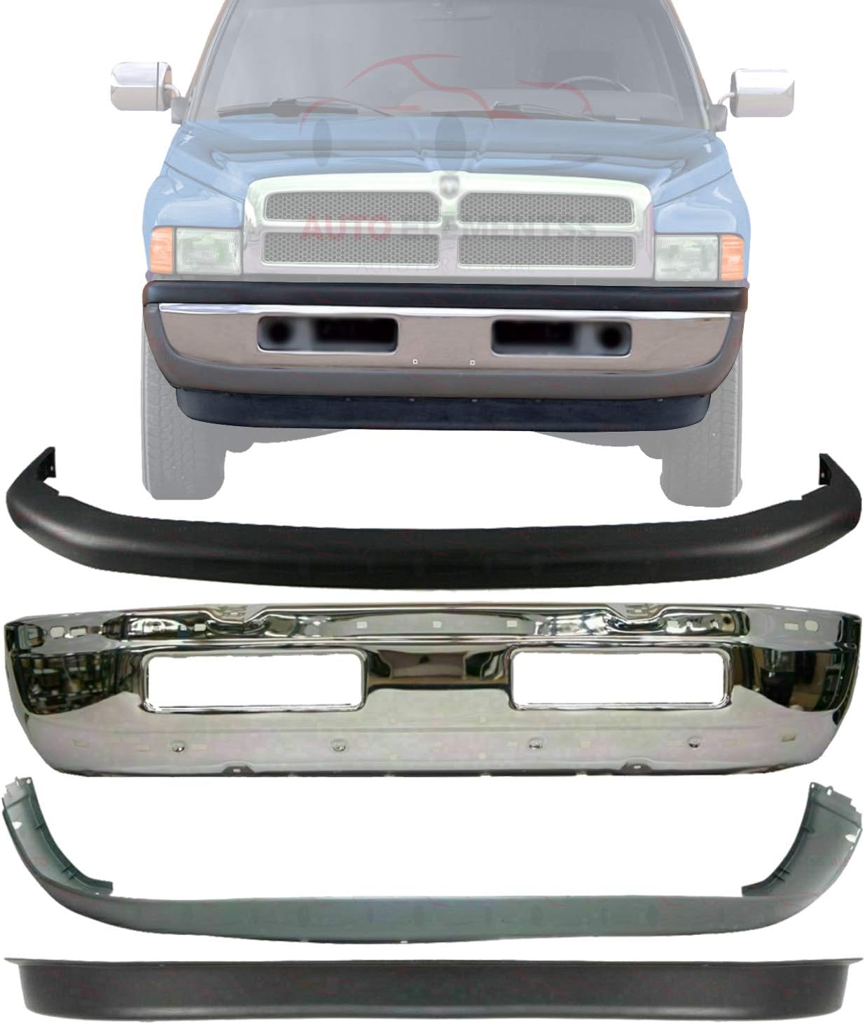 Front Bumper Chrome Steel + Upper & Lower Cover + Valance For 1994-2001 Dodge Ram 1500/1994-2002 Ram 2500 3500 Direct Replacement