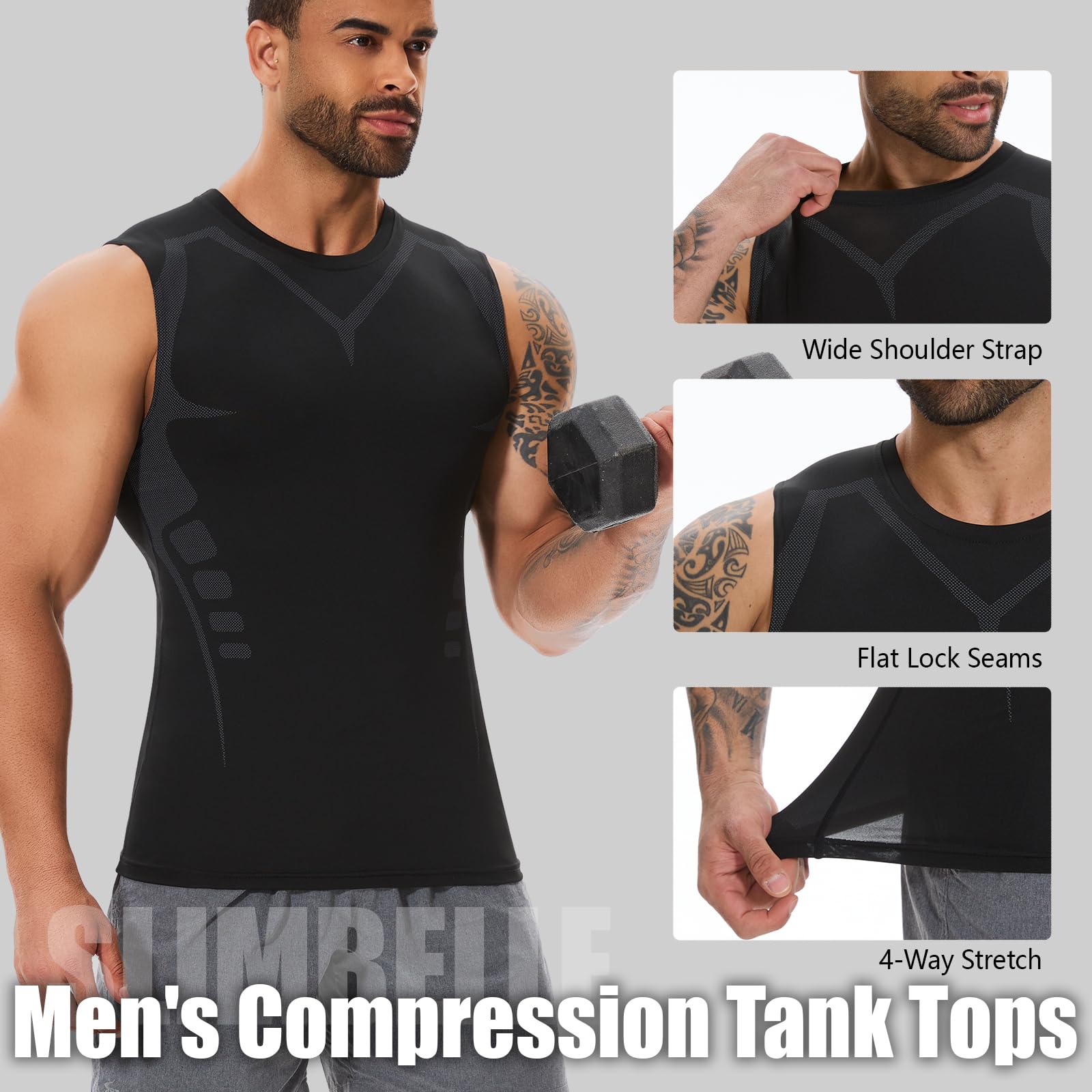 SLIMBELLE Pack de 2 camisetas de compresión para hombre, sin mangas, con cuello redondo