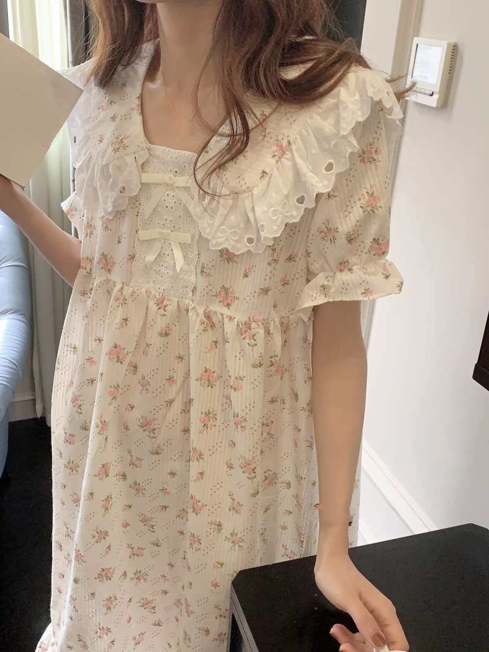 Kleines, Frisches Nachthemd-Pyjama Für Damen – Sommer, Süßer Blumendruck, Dünnes Maix-Kleid, Mädchen-Nachtwäsche, Homewear-Set Im Prinzessinnen-Stil, Modisches Kurzarm-Rüschen-Design, Langer