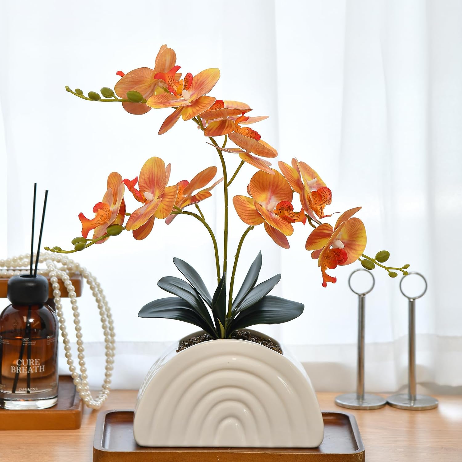 Fake Orchid Plant in White Rainbow Pot, Artificial Silk Phalaenopsis Orchid Flowers for Home Décor, Table Centerpiece, Office Desk (Orange)