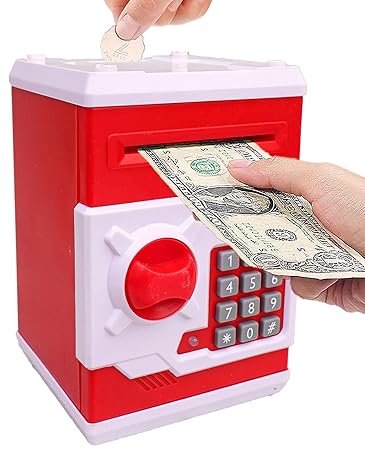 Toyshine Electronic Kids Money Bank ATM Safe Piggy Bank Savings Box Toy with Money Suction Feature- Red White