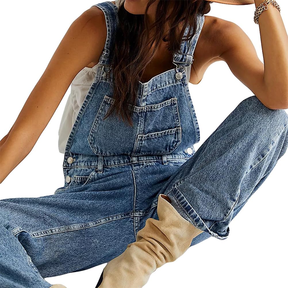 ORANDESIGNE Salopette Casual Stretch Denim Donna Jeans Tuta con Tasche Ragazza Sciolto Overall Lunga Dungarees Casual Pantaloni Bavaglino Jumpsuit Moda Hippie Cinturino