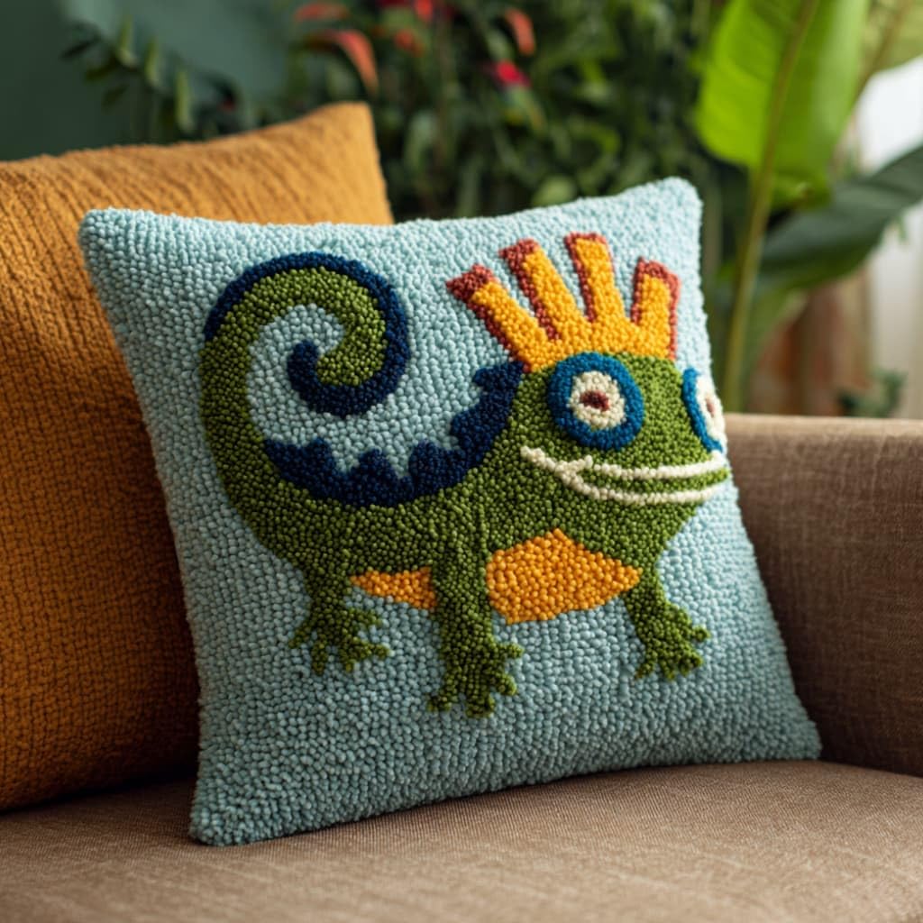 WallustrioaW Latch Hook Kit Cushion for Adults,Lizards 17X17 Inch,DIY Pre-Printed Craft Latch Hook Rug Kits Cross-Stitch Embroidery Pillow Cover Kit for Home