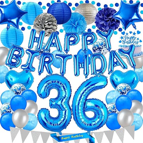 Santonila Decoraciones azules de cumpleaños número 36, banderines y decoración para tartas, globos de látex con confeti número 36, faroles de papel