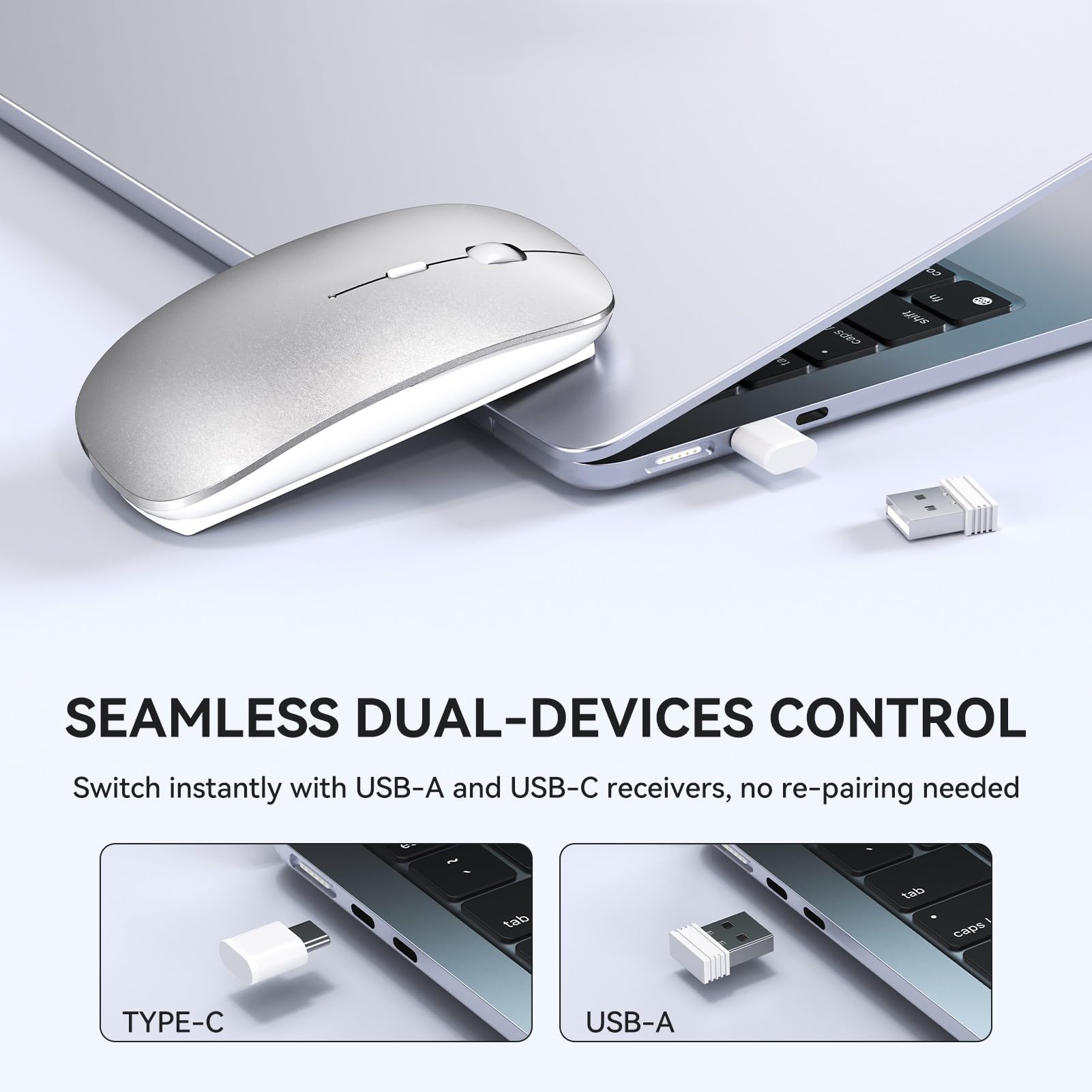 RaceGT Mouse Wireless USB C+USB A, Ricaricabile Mouse senza fili Silenzioso 2.4G ultra sottile con 2 ricevitori per PC, Laptop,IPAD, MacBook Air/Pro