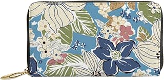 Carteiras femininas de couro genuíno abstrato geométrico floral porta-cartão de crédito estojo com zíper organizador de embreagem de couro feminino bolsa longa de viagem, Floral geométrico abstrato, 7x4.3x0.8 Inches