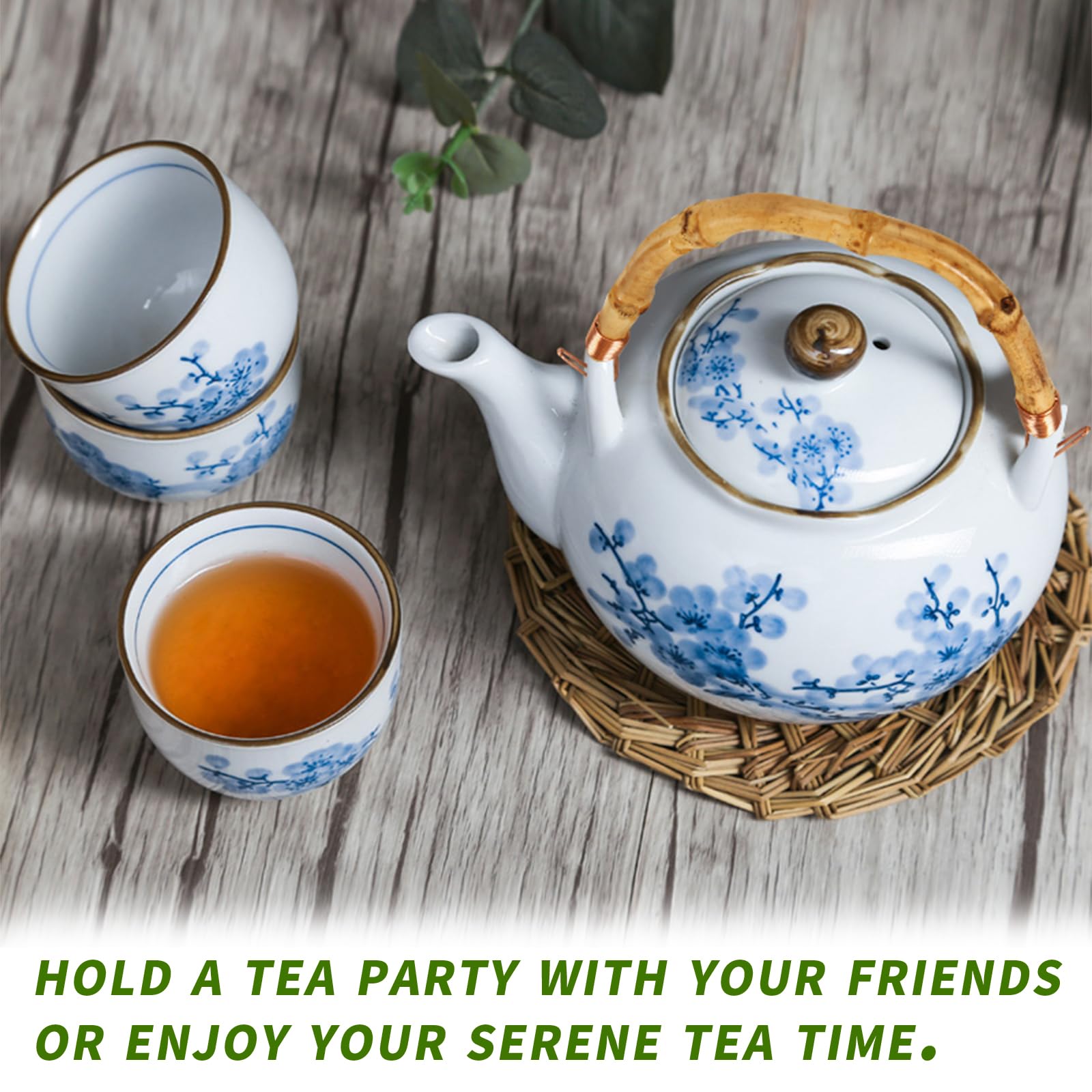 Juego de té japonés de porcelana con tetera y taza de té para 4, juegos de té azul y blanco para adultos con infusor de acero inoxidable y bandeja de bambú, juego de té asiático para amantes del té,