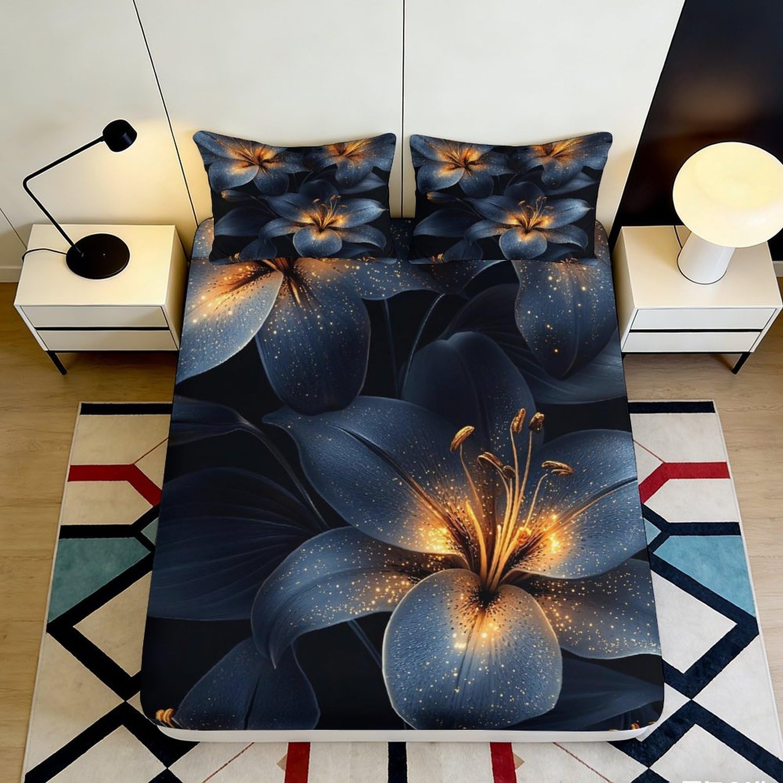 3D Printed Lily Pattern Fitted Sheet Soft Microfiber Deep Pocket Non-Slip Lily Mattress Fitted Cover Bedroom 140x200x25cm