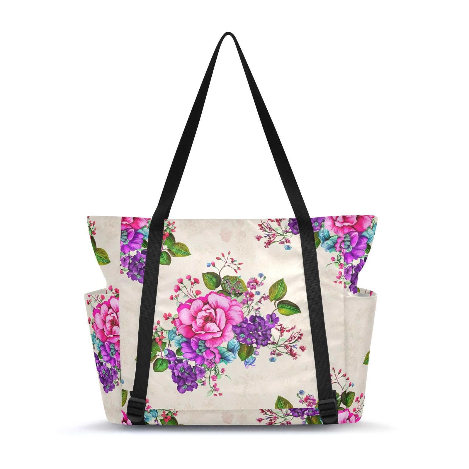 Lxqimora Flowers Beige Romantic Yoga Mat Bag for Women Water-Resistant Gym Bag with Yoga Mat Holder Tote Bag for Office Travel Yoga Pilates