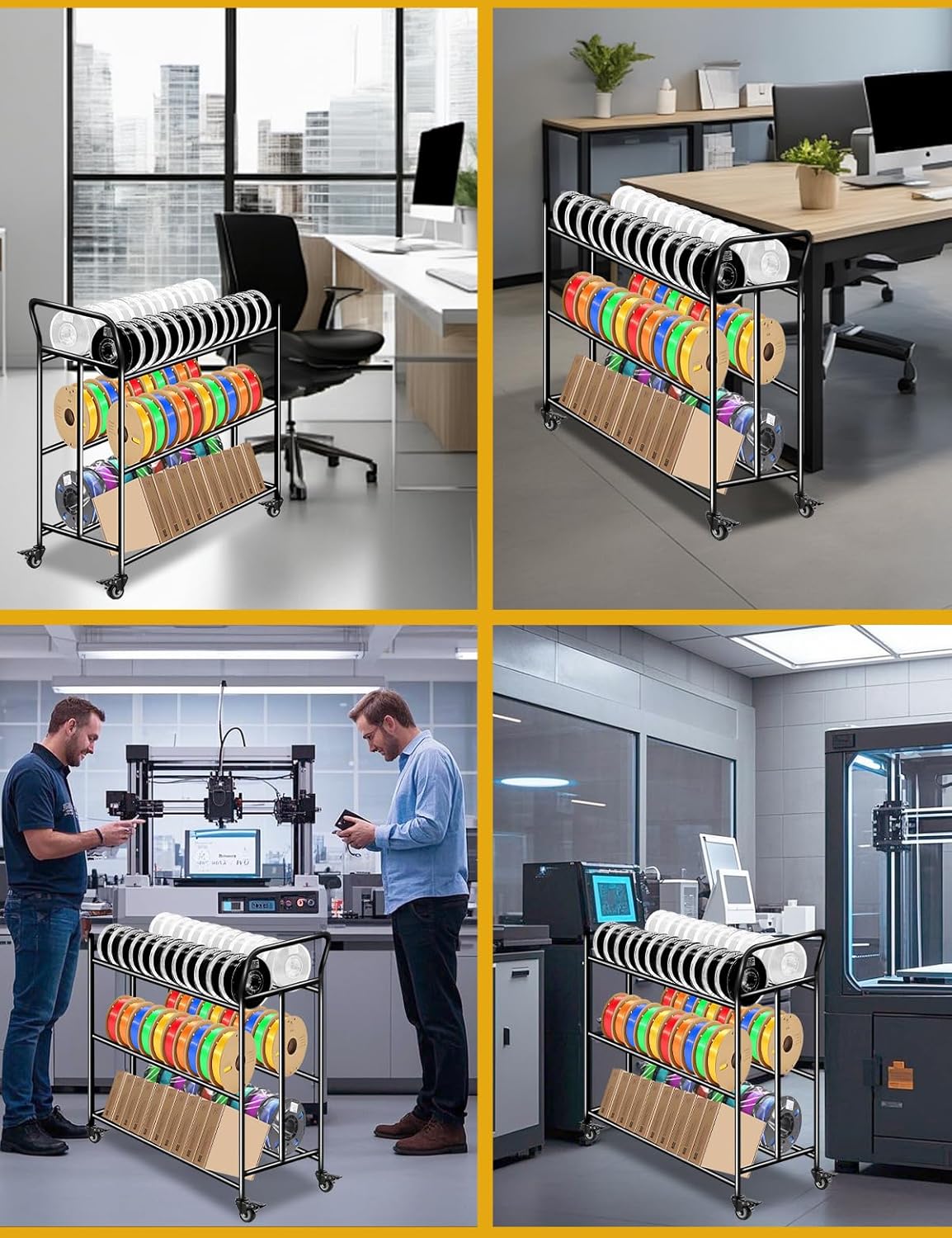 3D Printer Filament Storage Rack,360°Rolling Filament Spool Holders Racks with Wheels,Heavy Duty Metal Shelf for PLA/ABS/TPU,3 Tier Filament Storage With Handle for 3D Printing Business