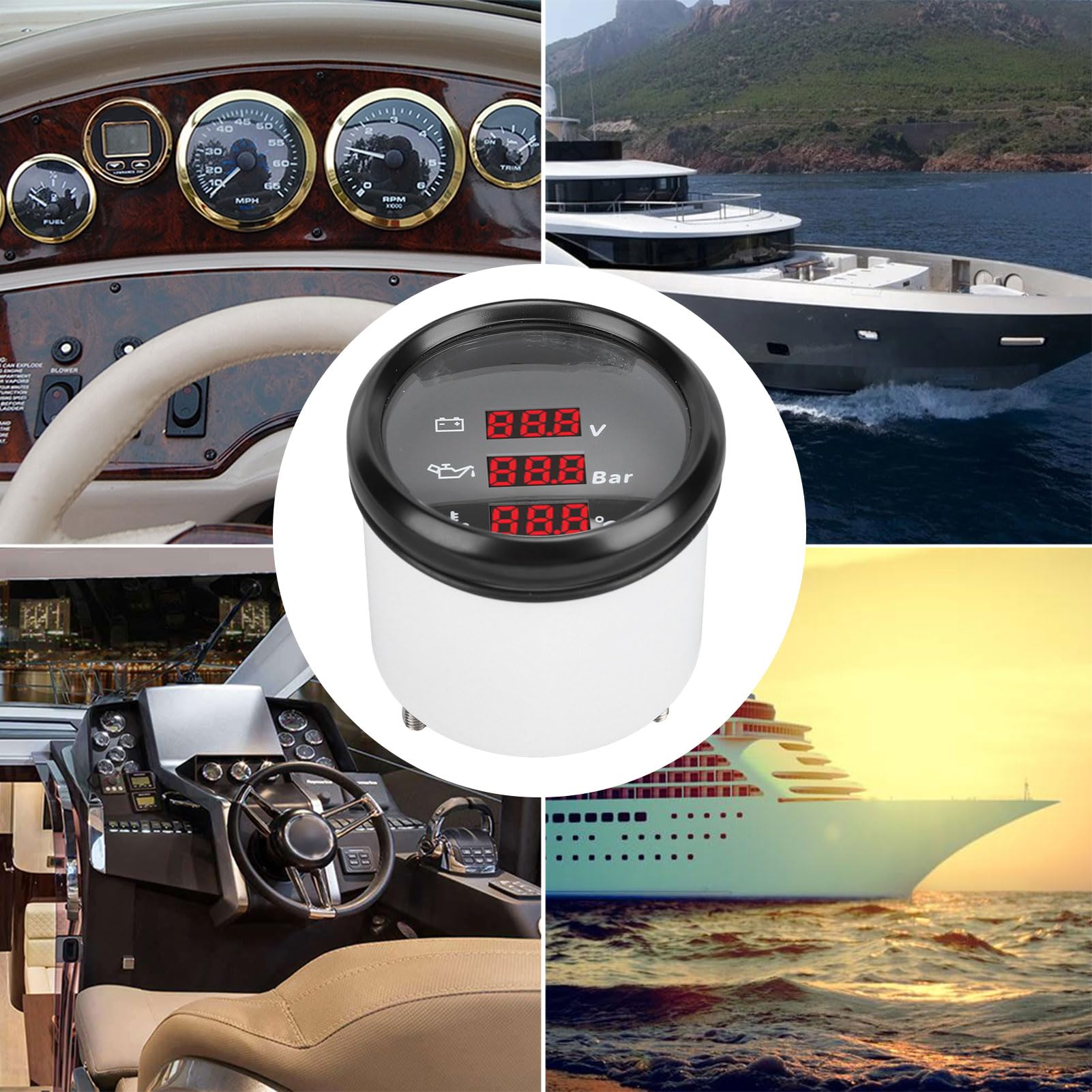 Digital, 52 Mm Spannung, Öldruck- und Temperaturanzeige, Rote Hintergrundbeleuchtung, Digitales Temperatur- und Öldruck-Voltmeter für Boot, Yacht, Wohnmobil, 9 Bis 32 VDC und