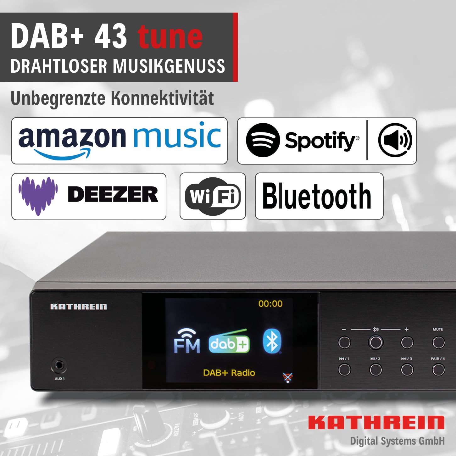 KATHREIN Internetradio DAB+ 43 Tune mit DAB+ und UKW-Empfang zur Erweiterung Einer HiFi Anlage, 2,4 GHz WLAN, Bluetooth, SpotifyConnect, Musik Streaming per UPnP | 4″ Farbdisplay, Streamingdienste Amazon Music, Spotify, Deezer, Bluetooth Audio Streaming,