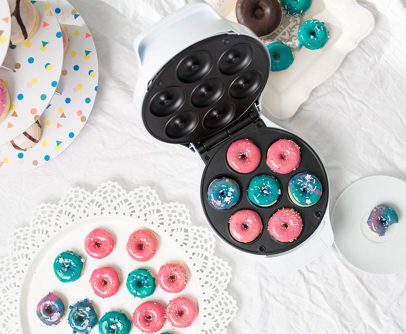 Rosenstein & Söhne Procesador de alimentos: Mini fabricante de donas, revestimiento antiadherente, 1000 vatios (Máquina para hacer gofres para rosquillas)