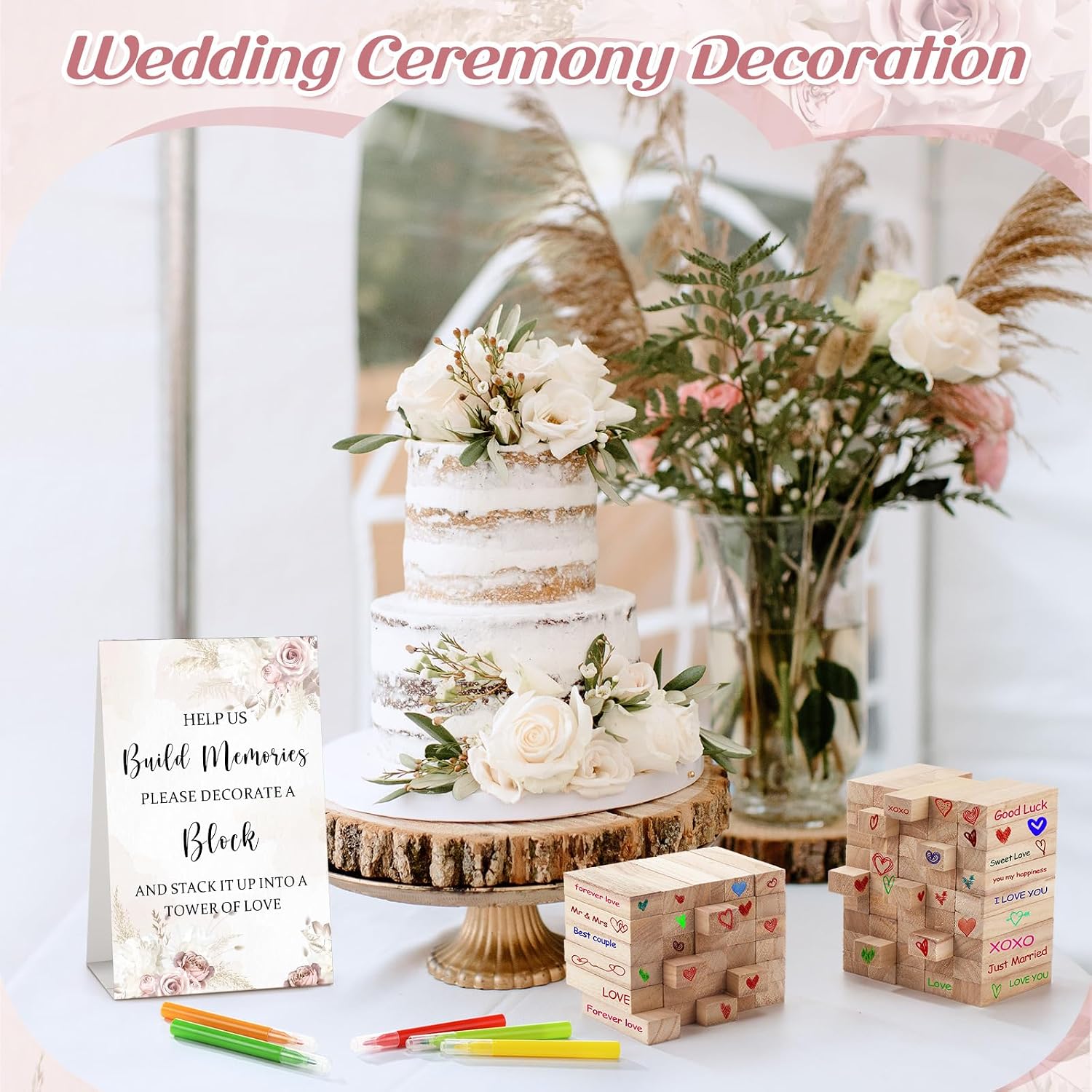 Nuanchu 125 Pcs Wedding Guest Book Alternative 100 Wooden Block Guest Book 24 Signing Pens Wedding Game Sign Wedding Decorations for Reception Bridal Shower Guest Book for Sign in(Boho)