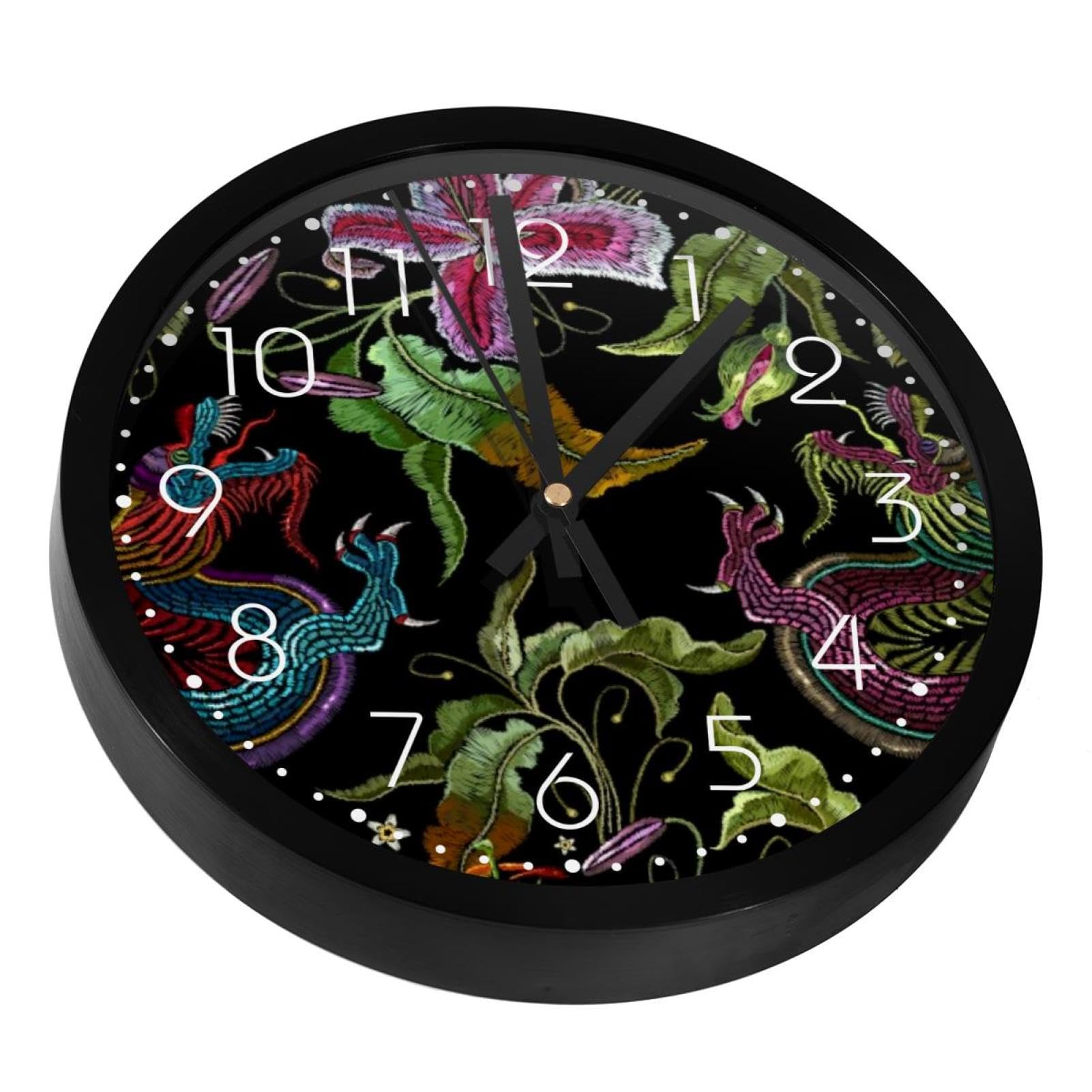Horloge murale silencieuse dragon et rose à piles pour décoration d'intérieur