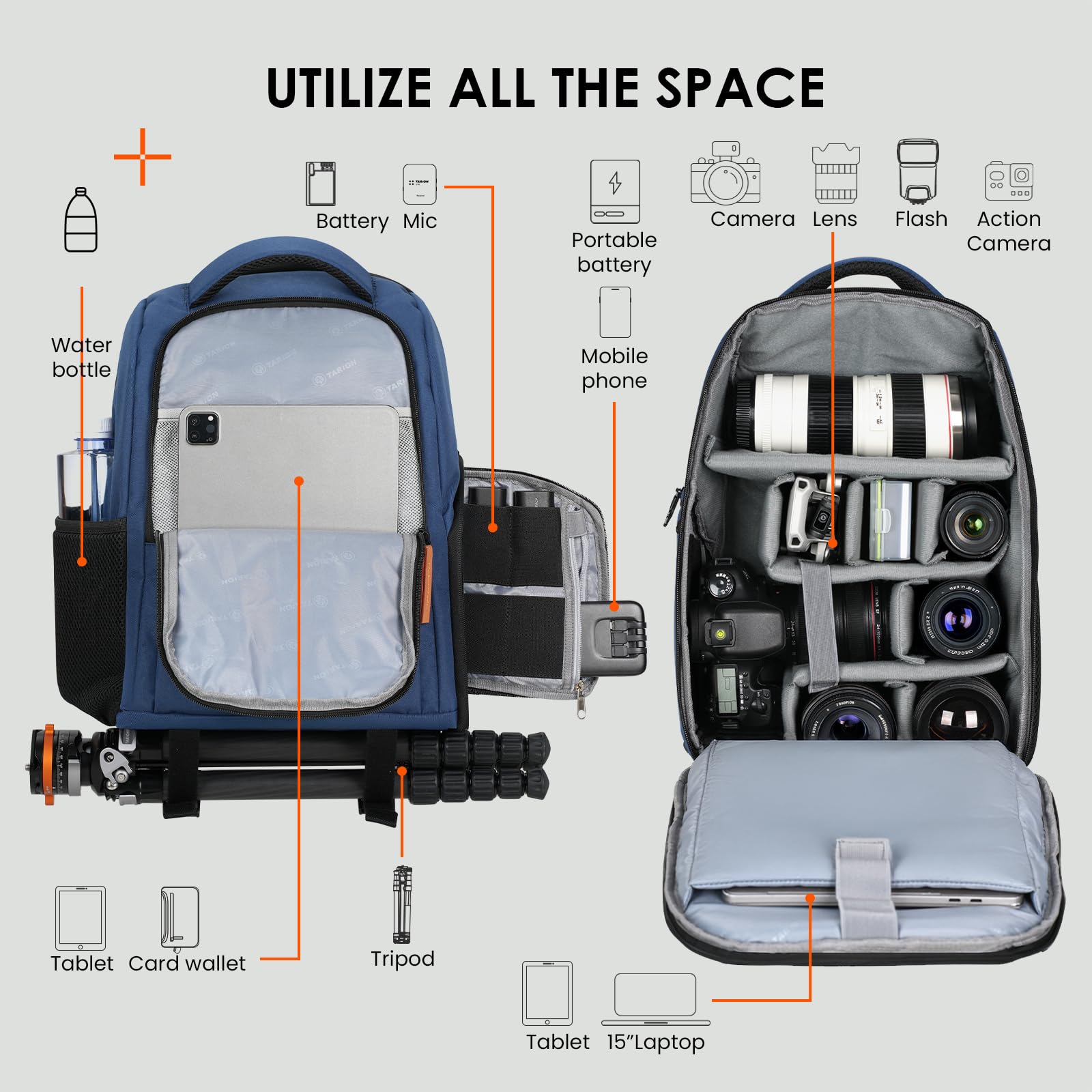TARION Mochila impermeable para cámara de gran capacidad con compartimento para laptop de 15 pulgadas, cubierta de lluvia para mujeres y hombres, trípode para lentes de fotógrafo, color azul