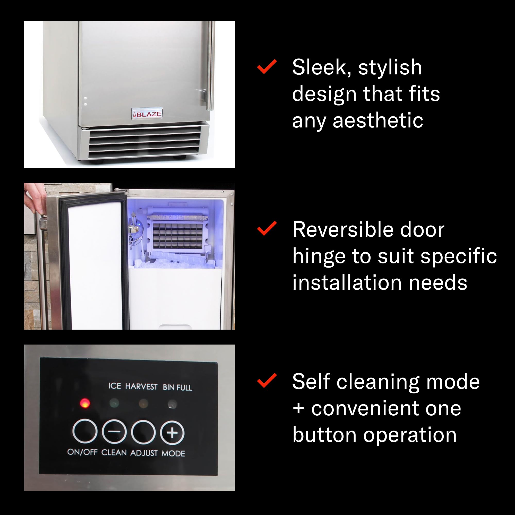 Blaze 15-Inch Outdoor Rated Ice Maker with Gravity Drain – Stainless Steel Machine Produces 50 Lbs. of Ice Daily with 25 Lb. Storage