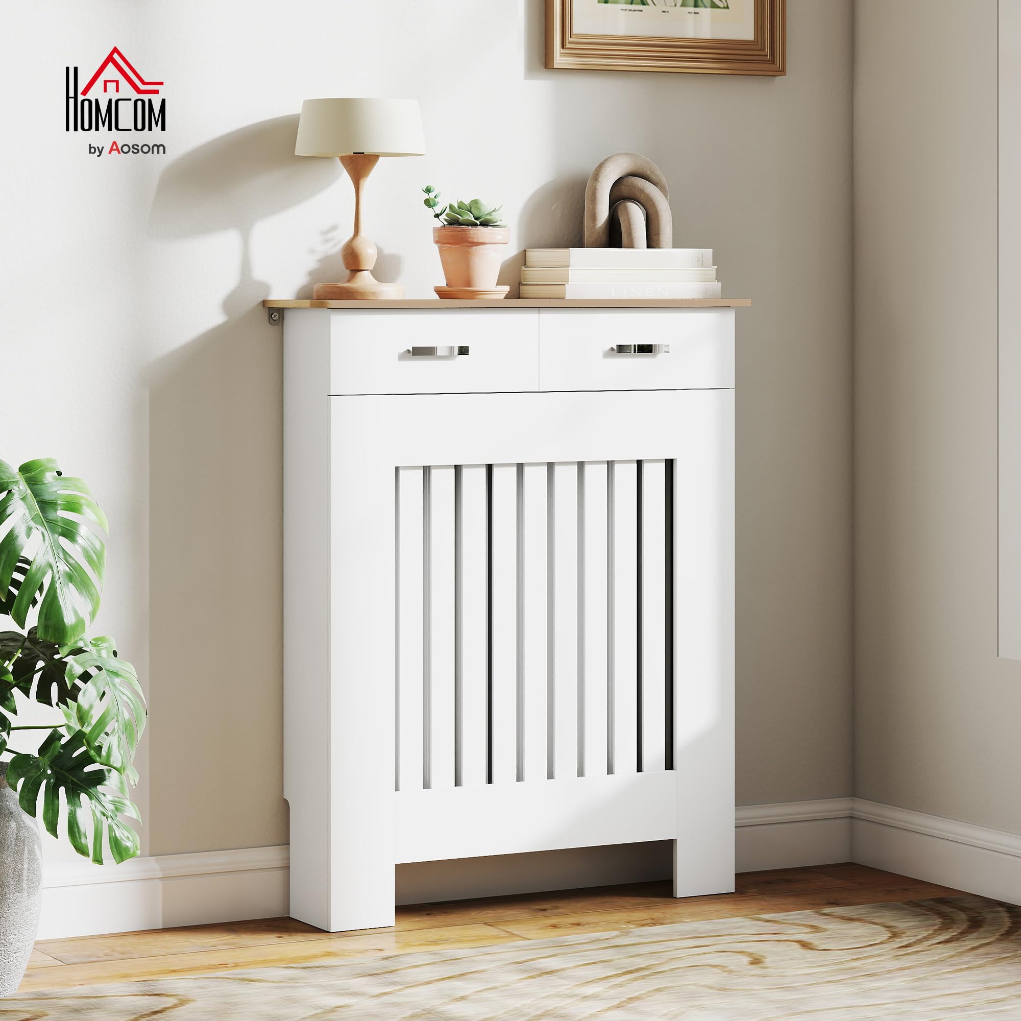 HOMCOM Copri Termosifone Moderno a Doghe Antiribaltamento con Cassetto Portaoggetti, Copritermosifone in Legno per Soggiorno, Corridoio e Ufficio, 78x19x97 cm, Bianco
