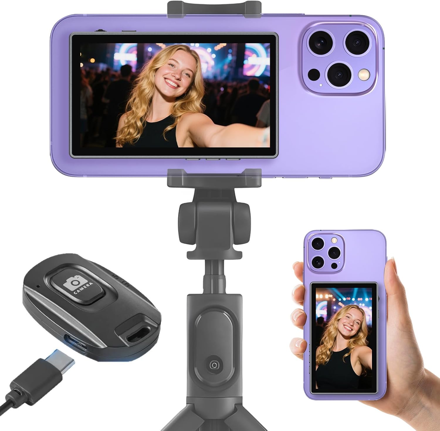 Selfie Monitor Screen for Phone with USB-C Remote Control, Magnetic Wireless Back Camera Mirroring 4K 30fps Recording, Speaker, 3 Brightness, for Vlog Live Stream(Not for iPhone17 Series&Google Pixel)