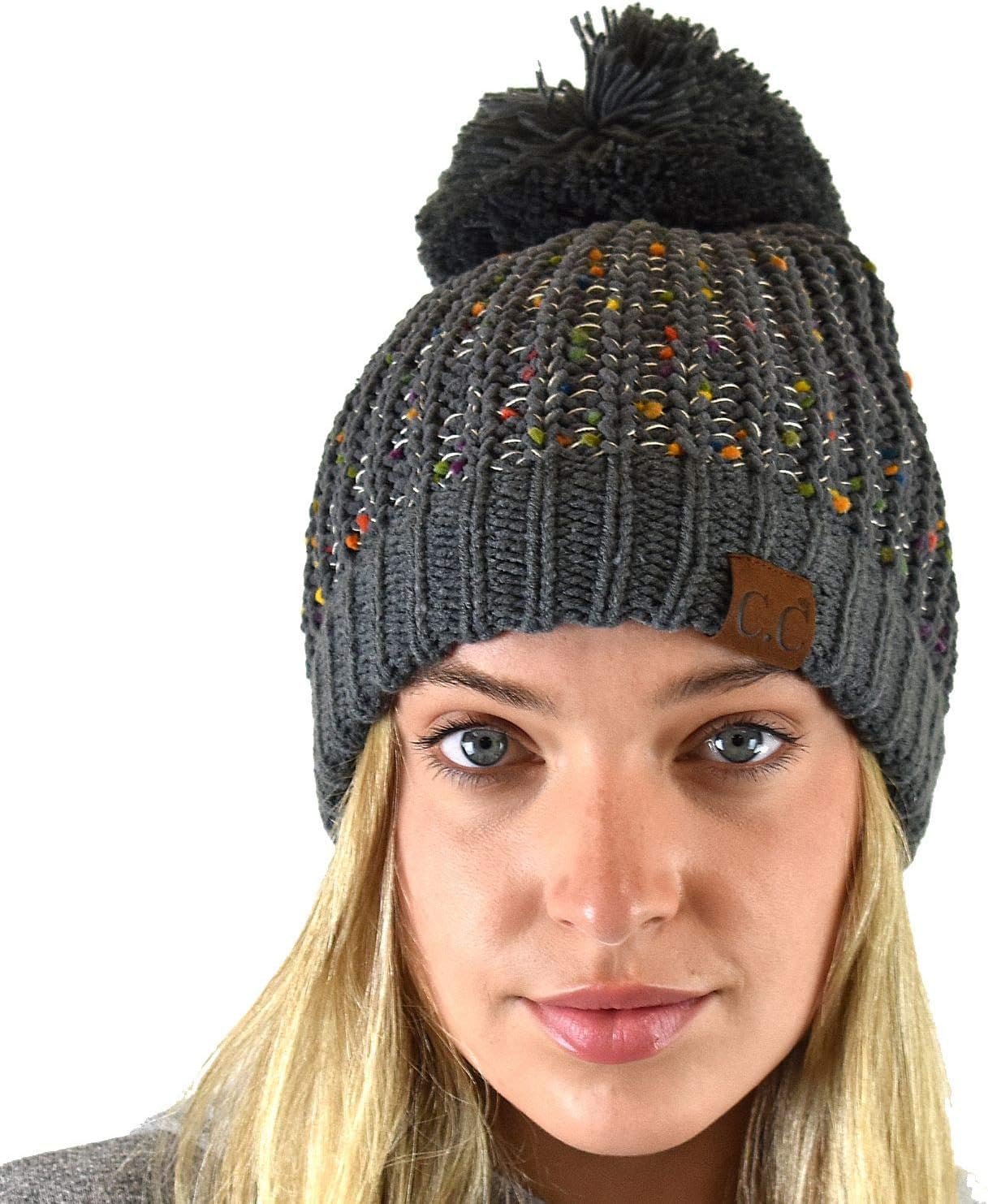 C.C Soft Winter Warm Confetti Knit Chenille Pom Beanie Hat