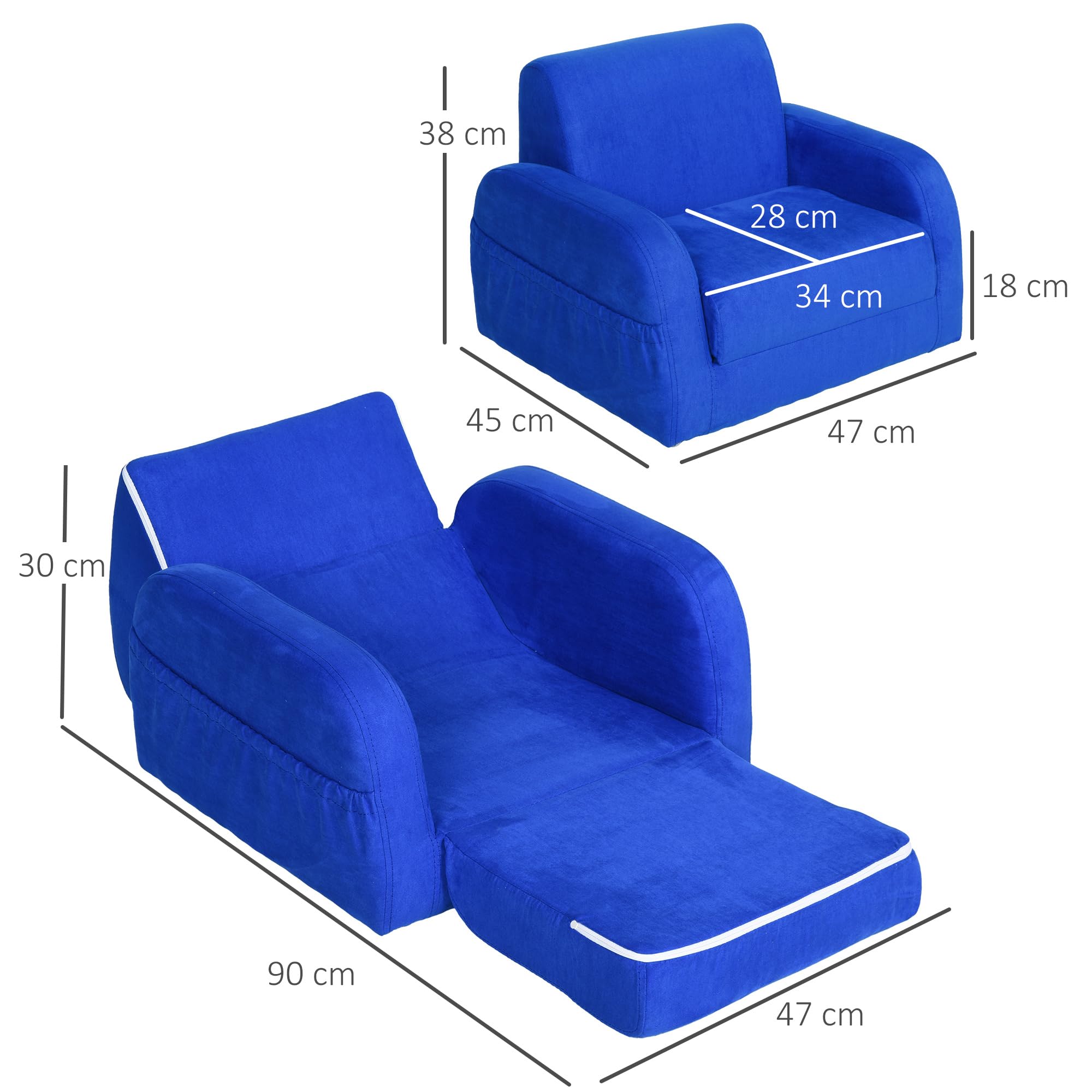 HOMCOM Fotele dziecięce dziecięce maluch sofa krzesło 2 w 1 sofa łóżko składana kanapa miękka flanelowa gąbka pokój zabaw sypialnia salon niebieski