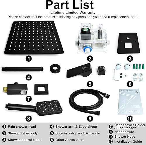 Miniatura 5 de Sistema de ducha de lluvia para montaje en el techo, ducha moderna de 12 pulgadas, juego de grifo de ducha de alta presión con juego de rociador de