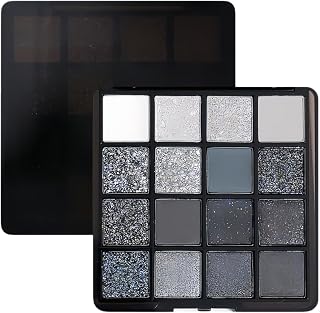 16 Colours Smokey Eye Palette, Black Grey Silver Shades, Matte Shimmer Glitter Makeup Set, Blendable Long Lasting Cosmetic Kit for Daily Party Looks, Cool Toned Eyeshadow for Beginner & Professional