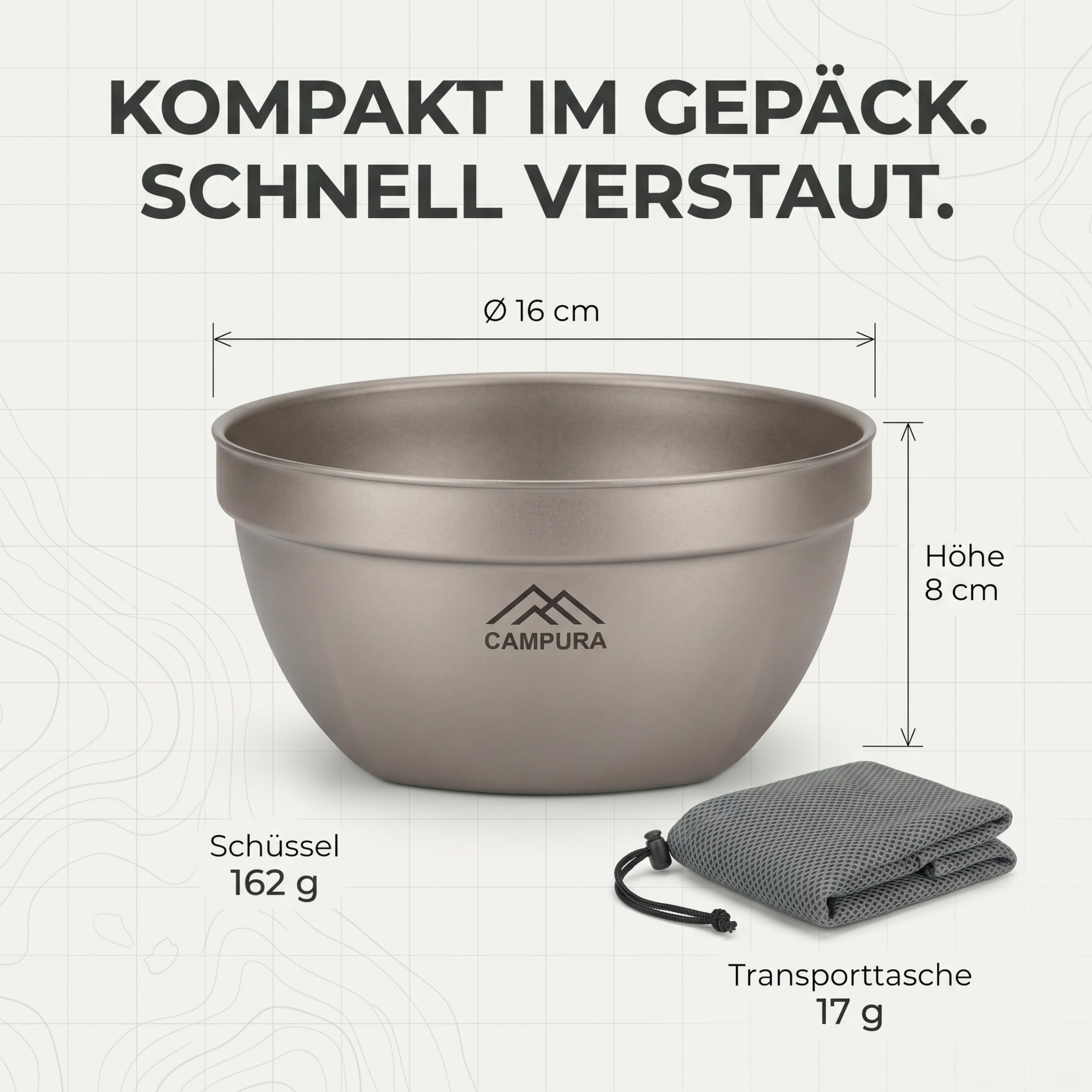 Titanschüssel 800 ml doppelwandig mit Transportbeutel, leichte Camping Schüssel aus Titan für Outdoor, Trekking, Bushcraft, Reise, Suppe, Reis und Müsli