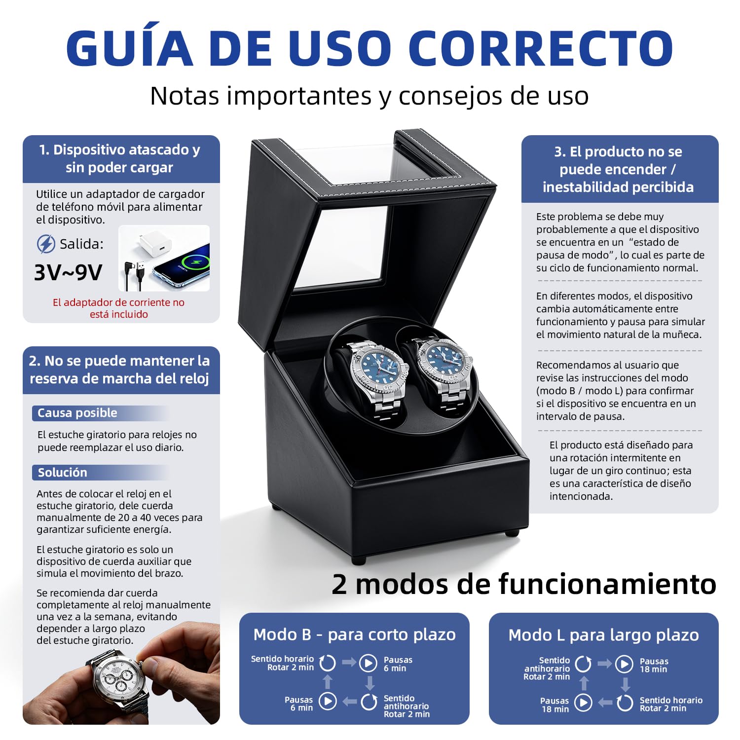 Mcbazel Caja para 2 relojes - Caja giratoria con Doble cargador USB-DC Automático de la PU
