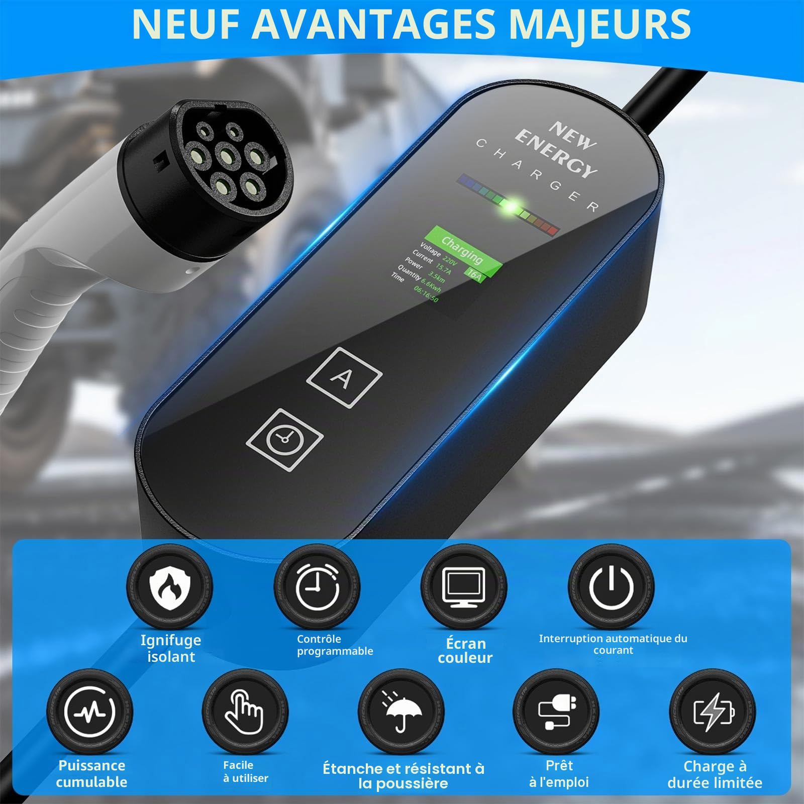 Chargeur Voiture Electrique 3,5kW [5m, 6/8/10/13/16A] Cable Type 2 Recharge avec Affichage Numérique Contrôlable Compatible avec E-208, Model Y, Mégane E-Tech, 500e et Autres EV/PHEV | Chargeur de voiture électrique contrôlable compatible avec modèle 3/Y,